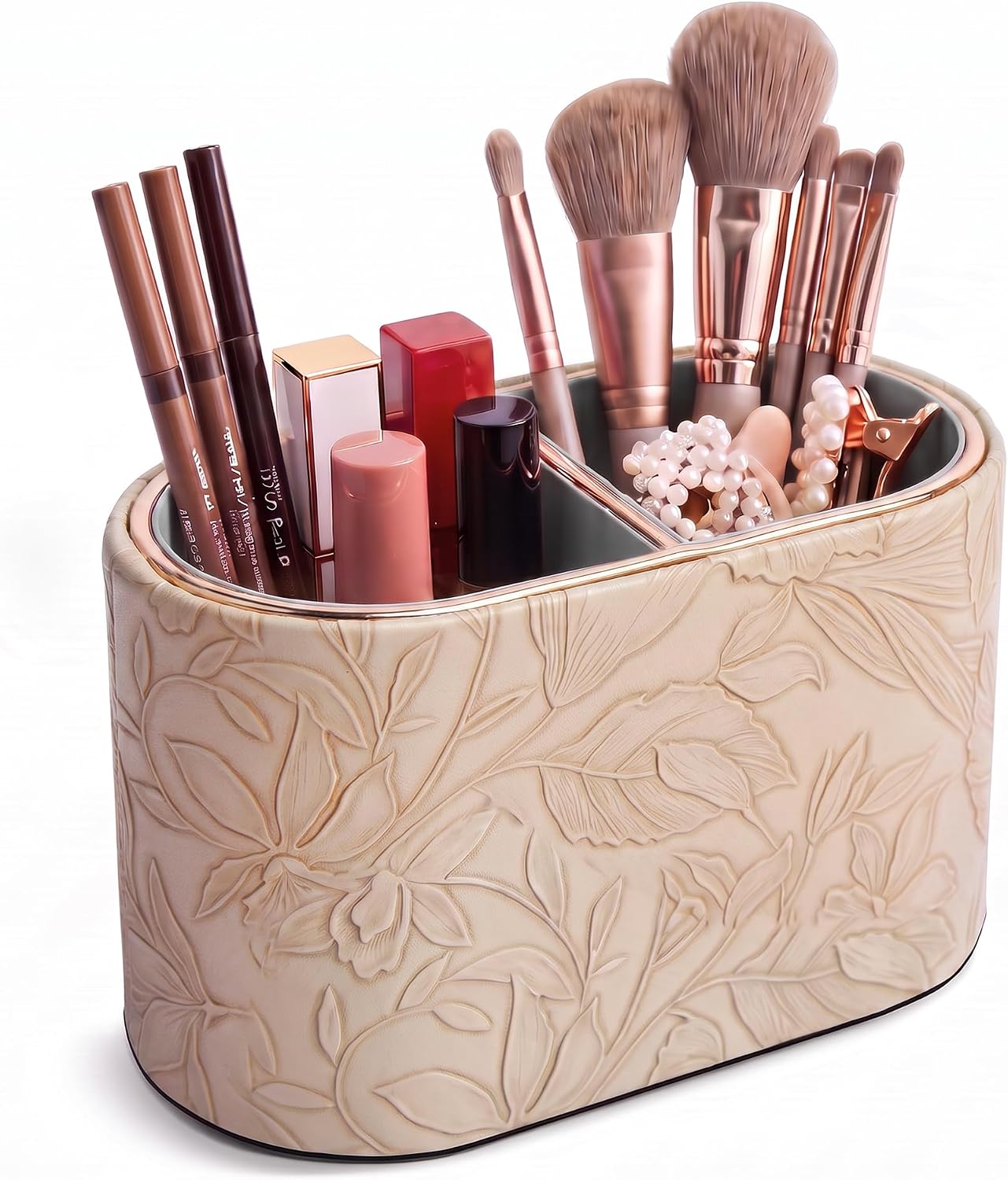 Makeup Brush Holder Organizer with Divider, PU Leather Vanity Brush Holder for Bathroom Countertop & Dressing Table, Cosmetic Desktop Storage Caddy for Makeup Tools Oval(1-Carved Apricot)