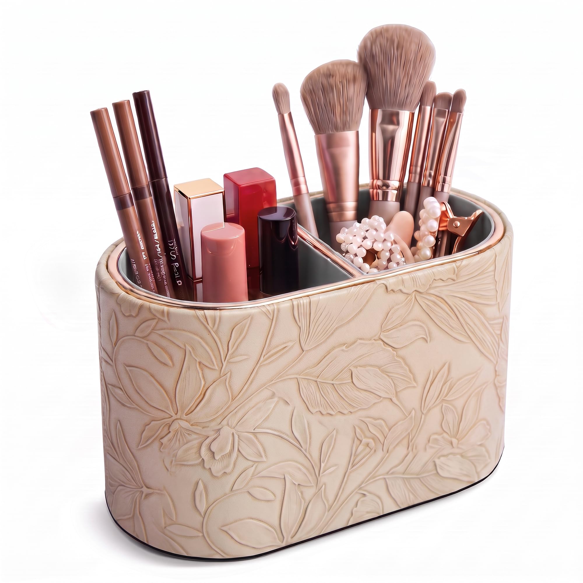 Czzmy Makeup Brush Holder Organizer with Divider, PU Leather Vanity Brush Holder for Bathroom Countertop & Dressing Table, Cosmetic Desktop Storage Caddy for Makeup Tools Oval(1-Carved Apricot) — image 1
