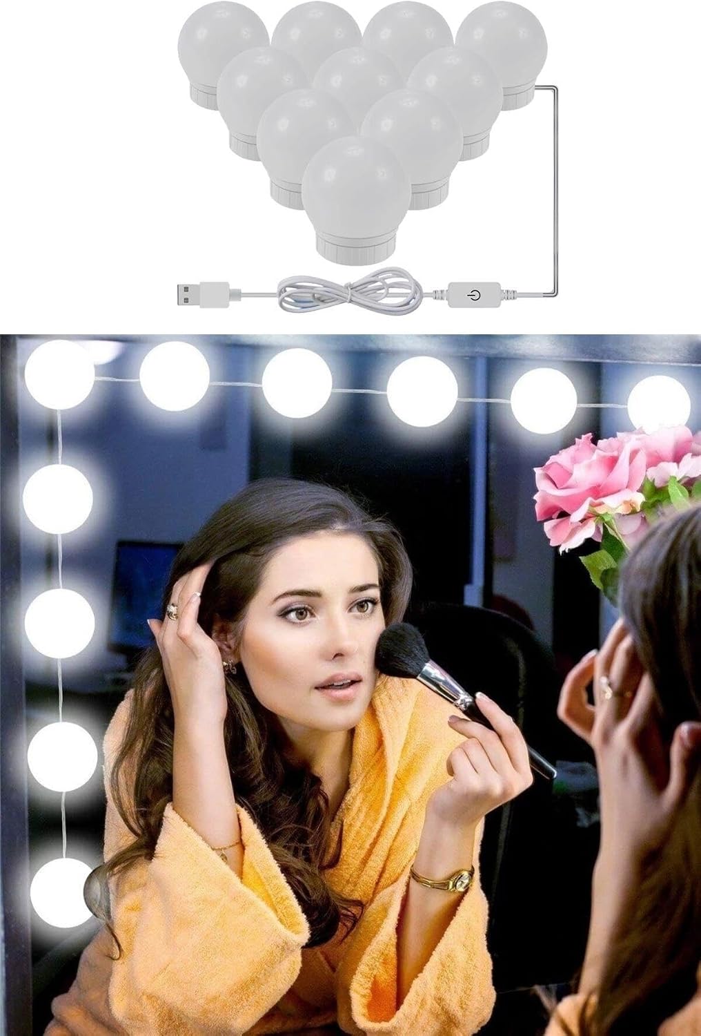 Hollywood Tarzı 10'lu Makyaj Aynası Aydınlatma Işıklandırma Beyaz LED Işıklı Lamba, USB Bağlantılı