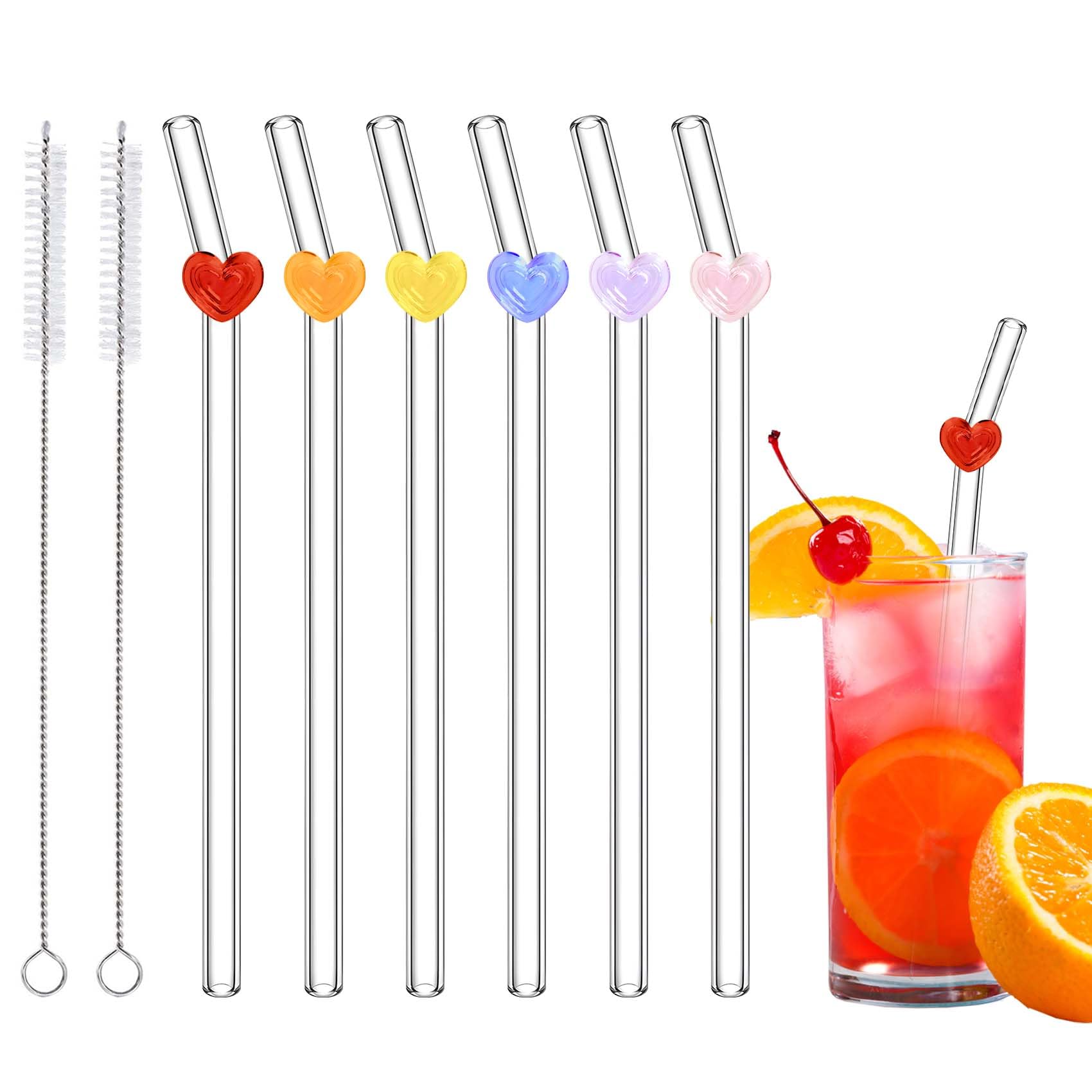 Eremaoy 6 Pcs Heart-Shaped Glass Straws, Clear Colorful Bent Design, 20cm Reusable Straws for Lover Drinks, Valentine Party Supplies