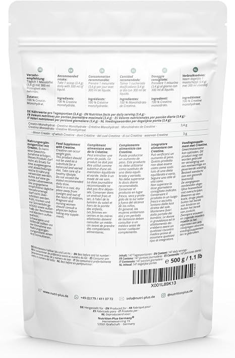 Nutri + Creatine Monohydrate 1 kg / 1000 g - Creatine Powder 99.99% Pure - High Dose Ultra Fine Vegan Neutral - Creatine Powder Mesh 200 without Flavour