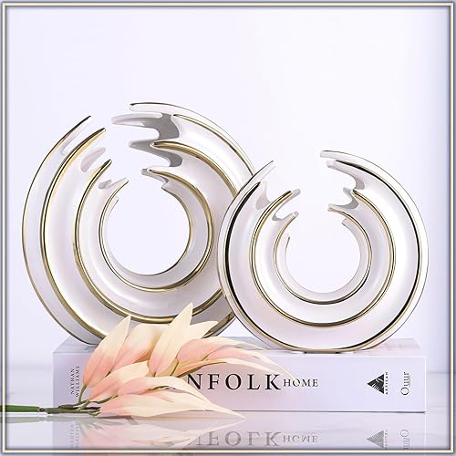 Miniatura 6 de Juego de 2 jarrones redondos de cerámica para decoración del hogar (línea dorada, oro blanco)