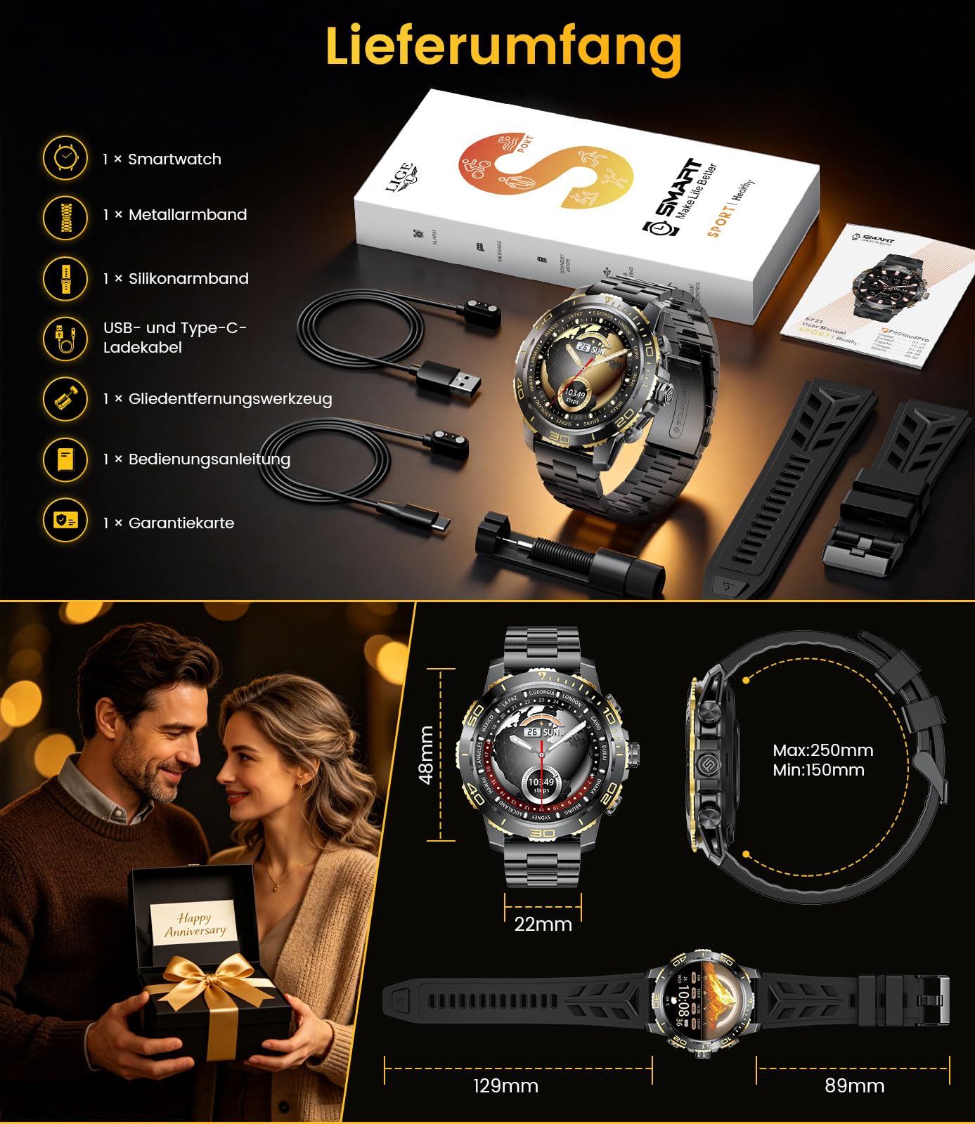 Reloj Inteligente Hombre Militar - 800mAh/Linterna LED, 1.43"AMOLED Smartwatch con llamadas Pulsómetro Sueño, IP68 Impermeable Pulsera Actividad con 200 Modos Deportivos para iOS Android, Negro