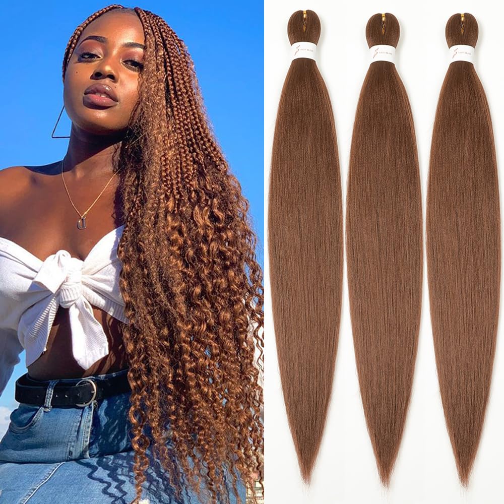 Pre stretched Braiding Hair 32 Inch Brown Braiding Hair Extensions Yaki Braids Hair Hot Water Setting Synthetic Hair Colored Braiding Hair Pre