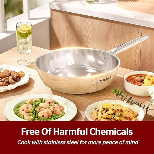 Miniatura 9 de Sunhouse Sartén de acero inoxidable de tres capas de 10 pulgadas, sin revestimientos, con mango que se mantiene fresco para cocinar, duradera y apta