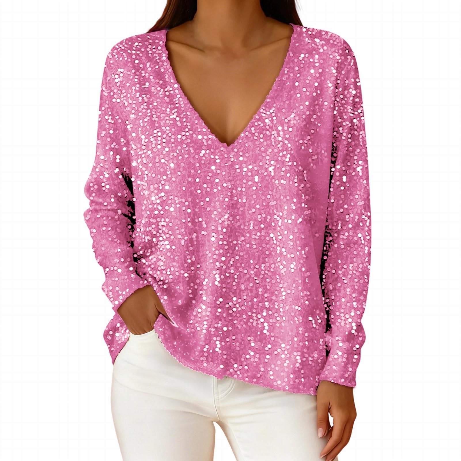 T Shirt Manche Longue Femme Col en V pour Orné De Véritables Sequins, Style Décontracté Et Tendance Chemisier Haut Blanc Chemise Mao Chic Manches Longues Noel Tee Womens White Blouse
