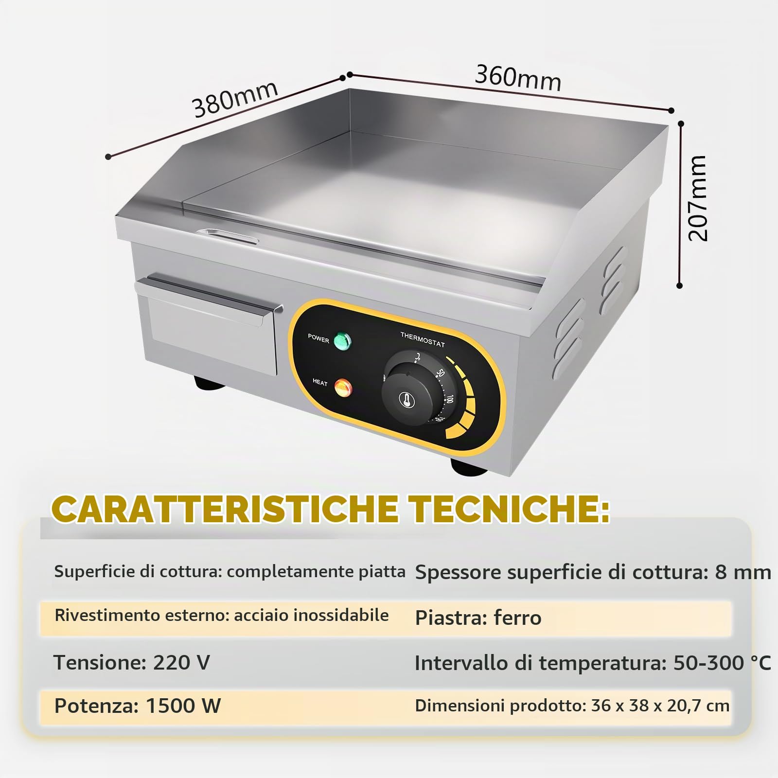 Piastra Griglia elettrica commerciale in acciaio inossidabile per ristoranti luoghi pubblici e barbecue 1500 W 35.50CM con controllo della temperatura regolabile 50~300 ℃