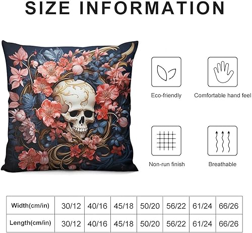 Miniatura 3 de Cojines Decorativos para Sala - Funda cuadrada decorativa con patrón de calavera negra con flores rosadas, decoración del hogar, Halloween, otoño,