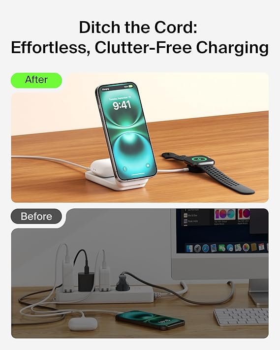 Belkin MagSafe Charger, Compatible 2-in-1 Charging Station, Qi2.2 25W Magnetic Wireless Charger iPhone, Foldable Stand, with 5W USB-C Port, for iPhone 17/16/15, Pixel 10, AirPods, 45W Adapter Included