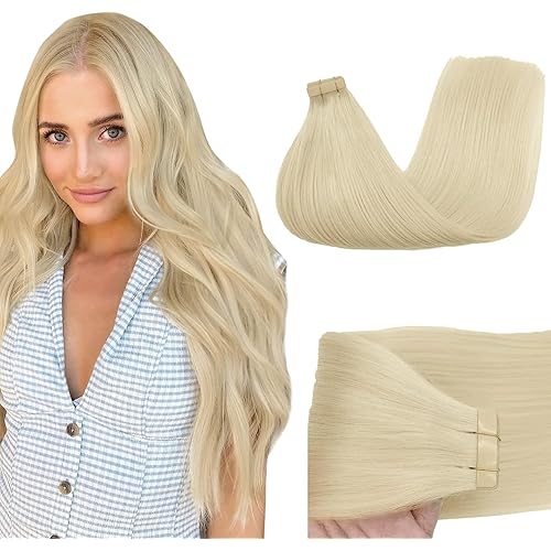 GOO GOO Blonde Tape in Hair Extensions Human Hair 16 Inch 50g 20pcs Platinum Blonde Real Remy Human Hair Straight Tape in Hair Extensions Natural Thick Hair Extensions Human Hair for Women