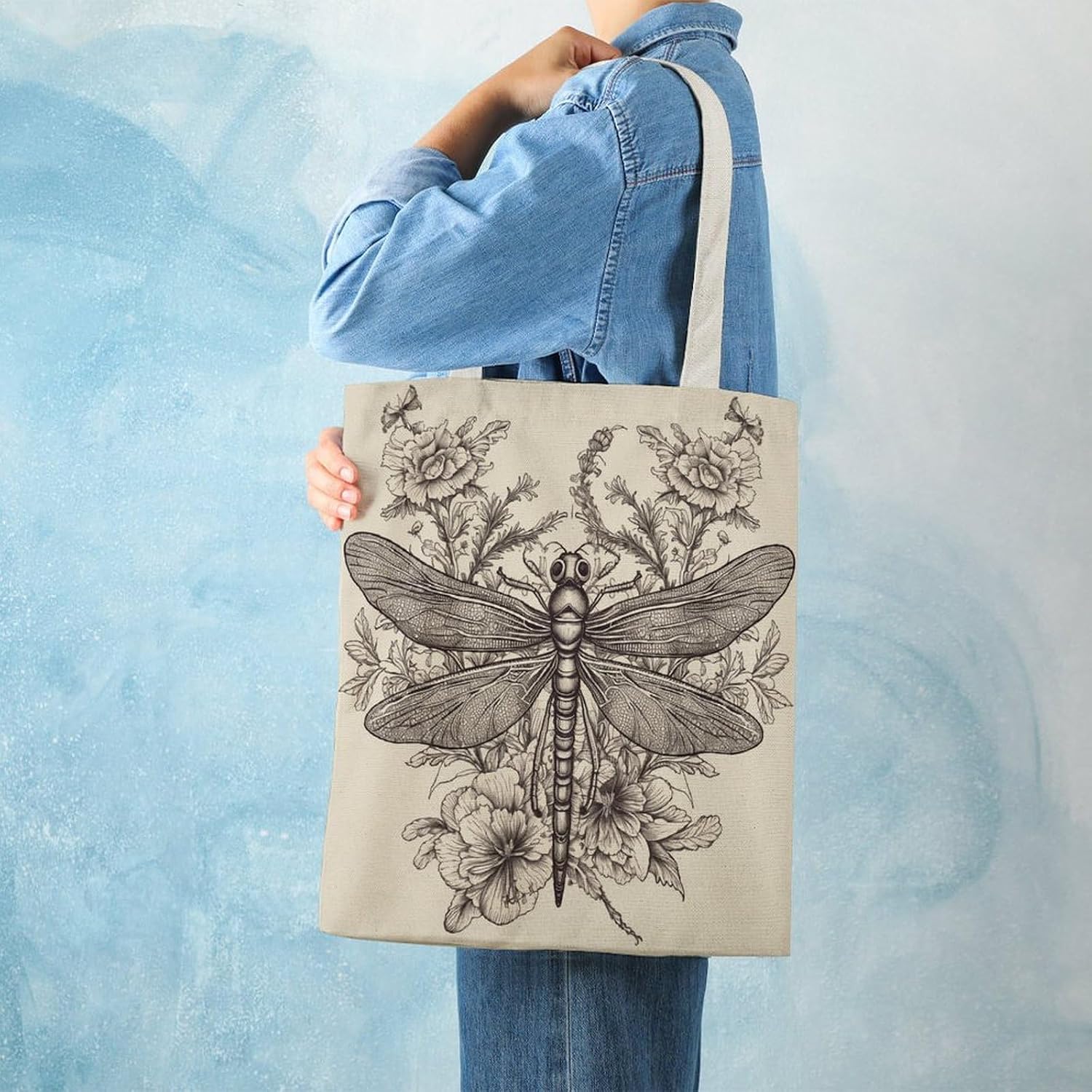 Canvas Tote Bag 16x15 In Lightweight Foldable Shoulder Hobo Purse | Floral Dragonfly, Casual Tote with 10" Strap, Everyday Carryall, for Travel Work Grocery Shopping Beach Mark Gym Yoga