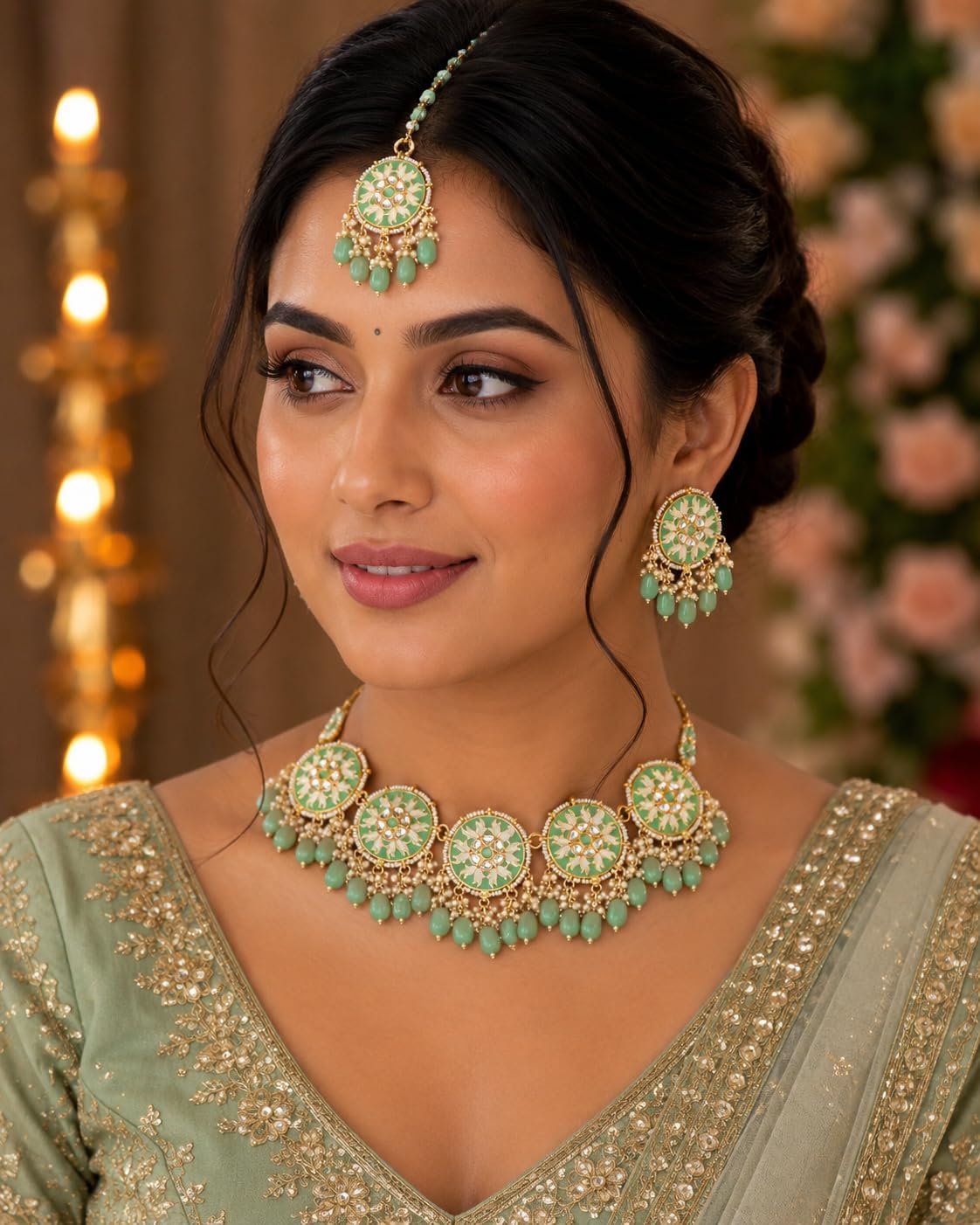 Efulgenz Indian Wedding Jewelry Traditional Kundan Faux Pearl Beads Crystal Choker Necklace Round Earrings with Maang Tikka Bridal Set Bollywood Jewelry for Women