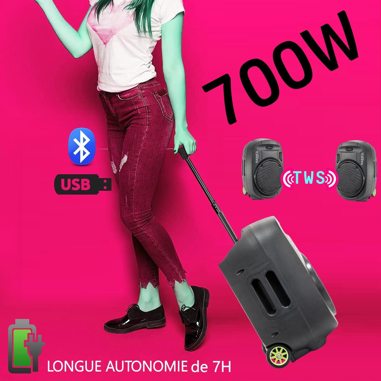 Ibiza - Pack Sono 2 Enceintes Portables USB Bluetooth PORT12VHF-MKII-TWS 700W 6 Micros - Paire Supports Enceintes SS01B-MINI