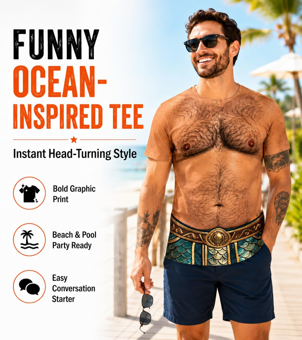 Fanient Mens Funny T-Shirt, 3D Hairy Chest Print, Novelty Crewneck Tee | Lightweight, Breathable Feel, Fake Shirtless Look, Eye-Catching Design For Halloween, Cosplay, Costume Parties, And Gag Gifts
