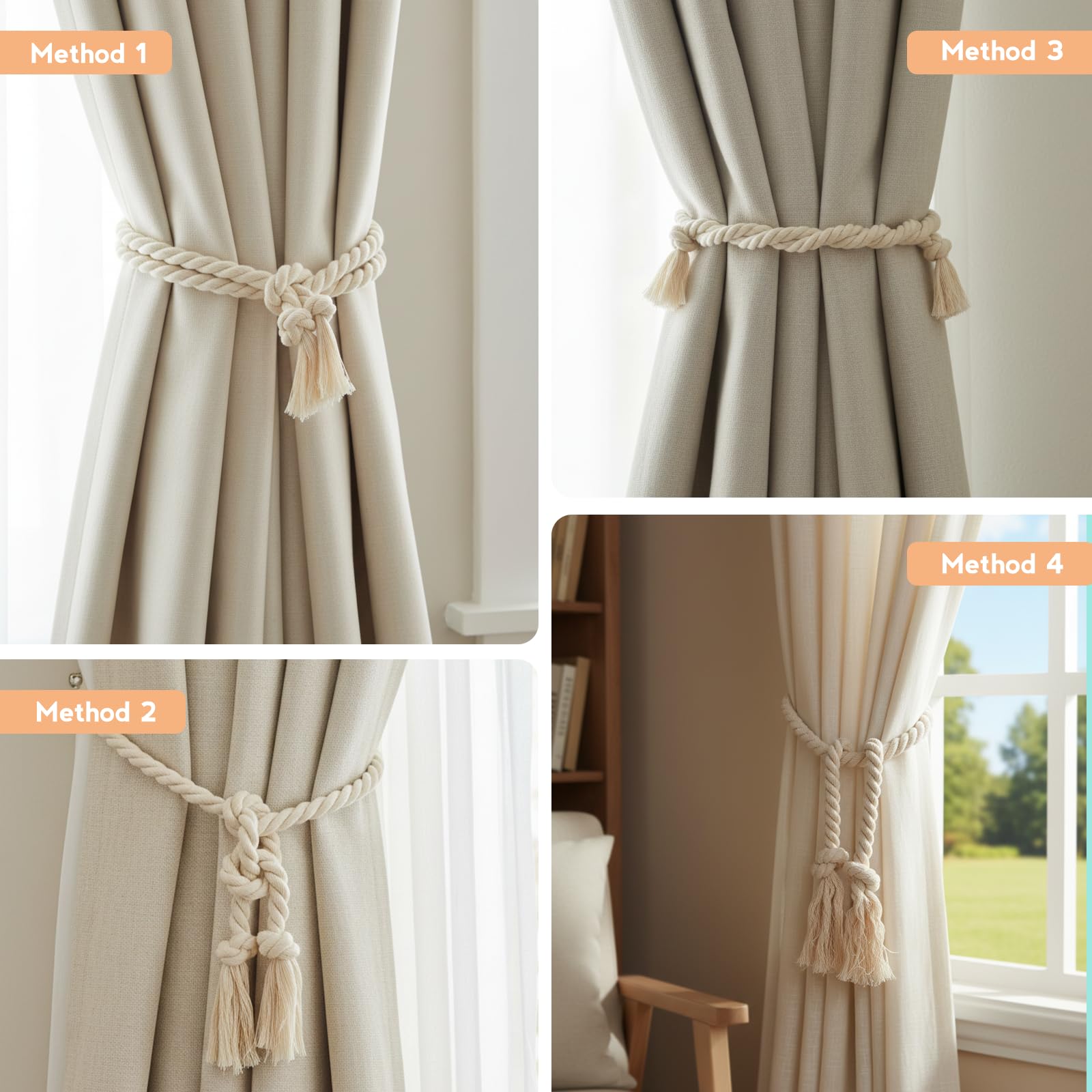 Fermatenda In Corda Fatta A Mano Con Nappe - 2 Pezzi, Lunghezza 60 Cm (nappa 22 Cm), Colori Disponibili Bianco/nero/grigio/beige/oro