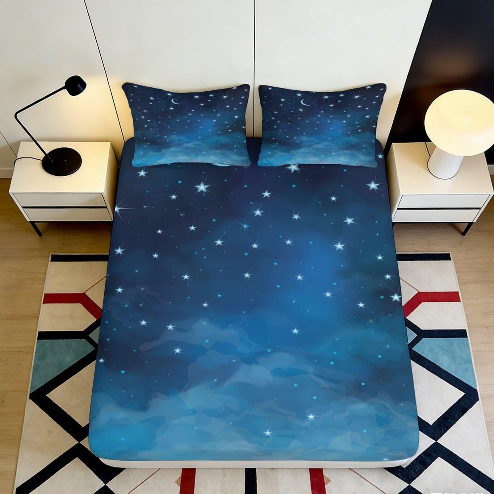 Uxinyoume Style-5 3D Printed Night Sky Fitted Sheet Microfiber Soft Blue Starry Universe Bed Sheet For Bedroom Guestroom Decor 90X200x25cm