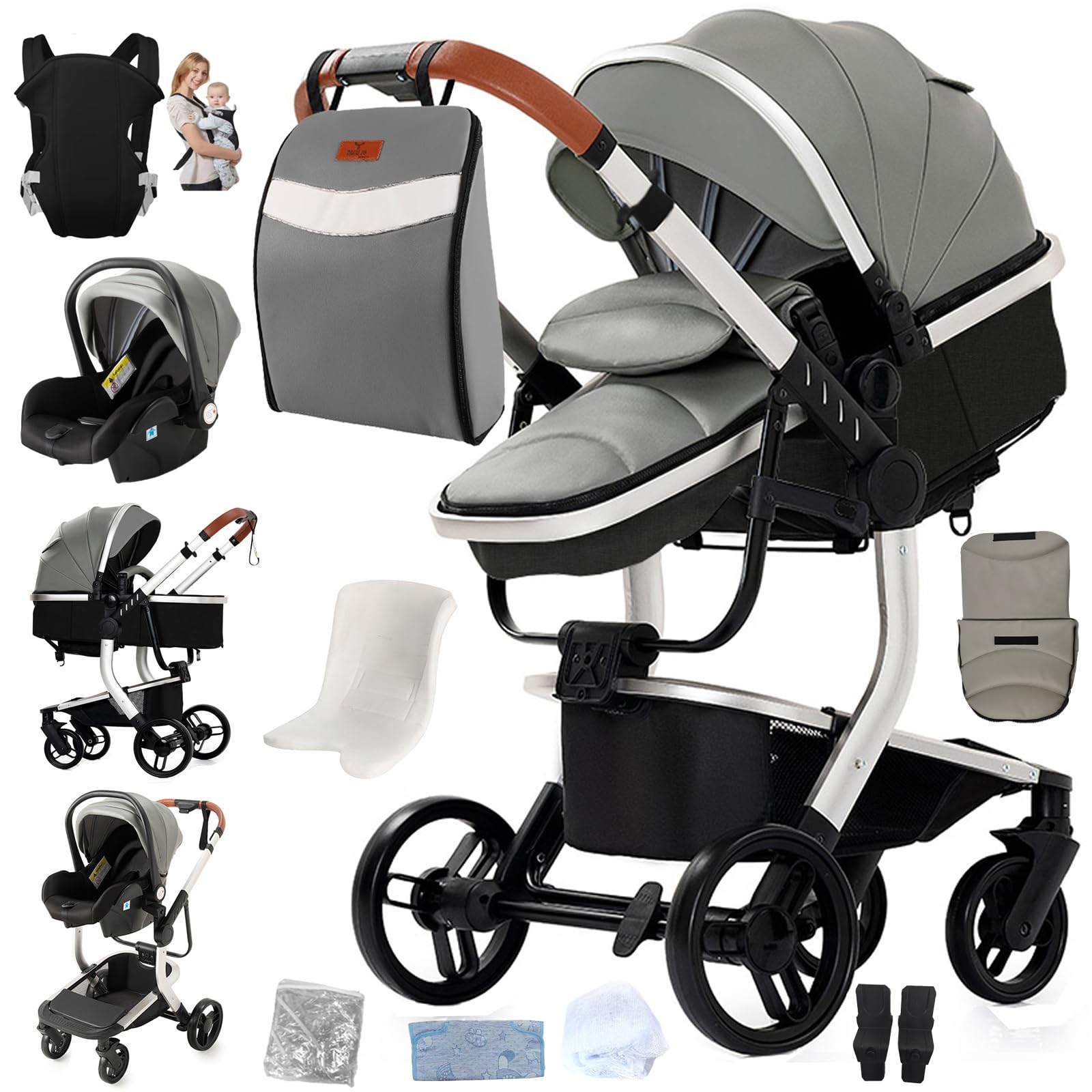 Magic ZC PU Leather 3 in 1 Pushchair Pram Travel System, Baby Stroller 3 in 1 with Reversible Two Pushing Modes, Newborn Infant Buggy Aluminum Frame, Toddler Carriage One-Click Folding (Grey 518-1)