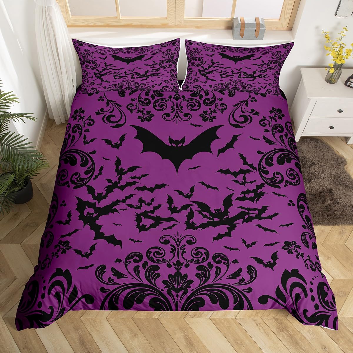 Homewish Halloween Bat King Bedding Sets for Girls Women,Purple Black Bats Duvet Cover Gothic Damask Flowers Comforter Cover Goth Floral Animal Bed Set Halloween Room Decor Zipper 3 Pcs - Image 2