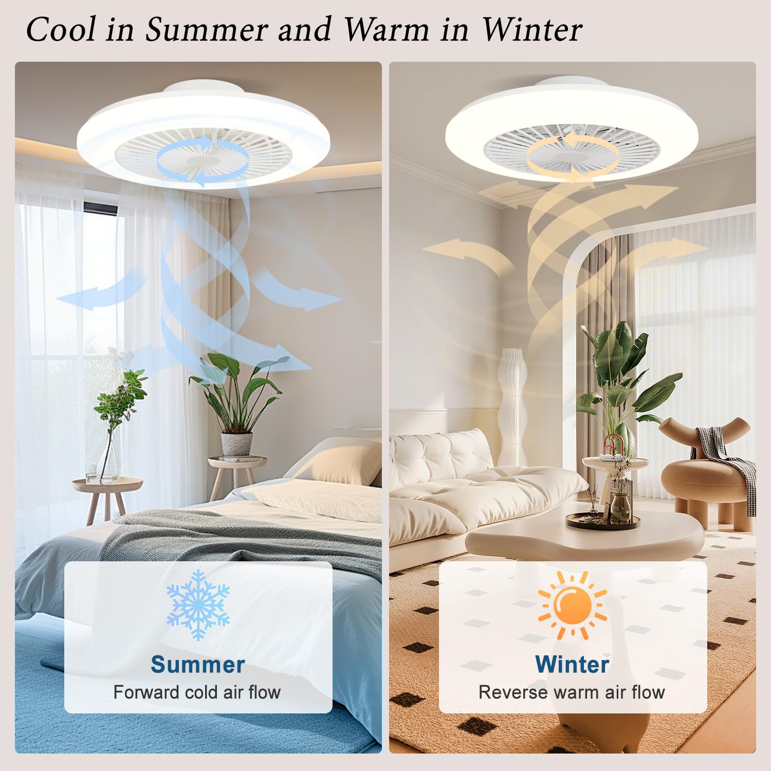 LED Deckenleuchte mit Ventilator 48,5cm, Deckenventilator mit Beleuchtung RGB Dimmbar 3000-6500K, 40W Ultrahell 4200LM, Flach 13.7cm für Niedrige Decken, Leiser DC Motor, Timer, Speicherfunktion, Weiß