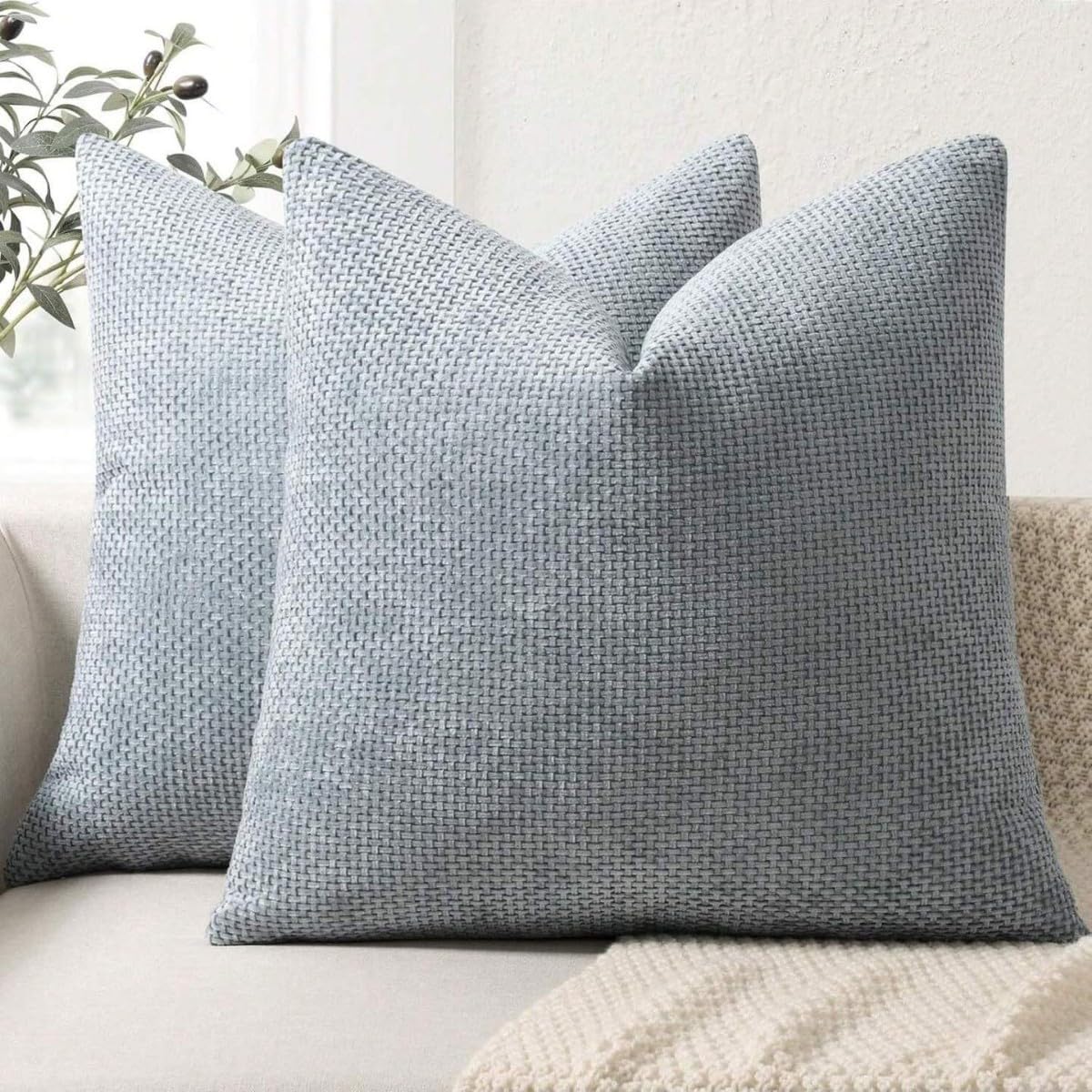 Plancholo Chenille Decorative Throw Pillow Covers Set of 2 Boho Pillow Covers Farmhouse Square Cushion Cases for Sofa Couch Living Room Bedroom (Blue, 16x16 Inch)