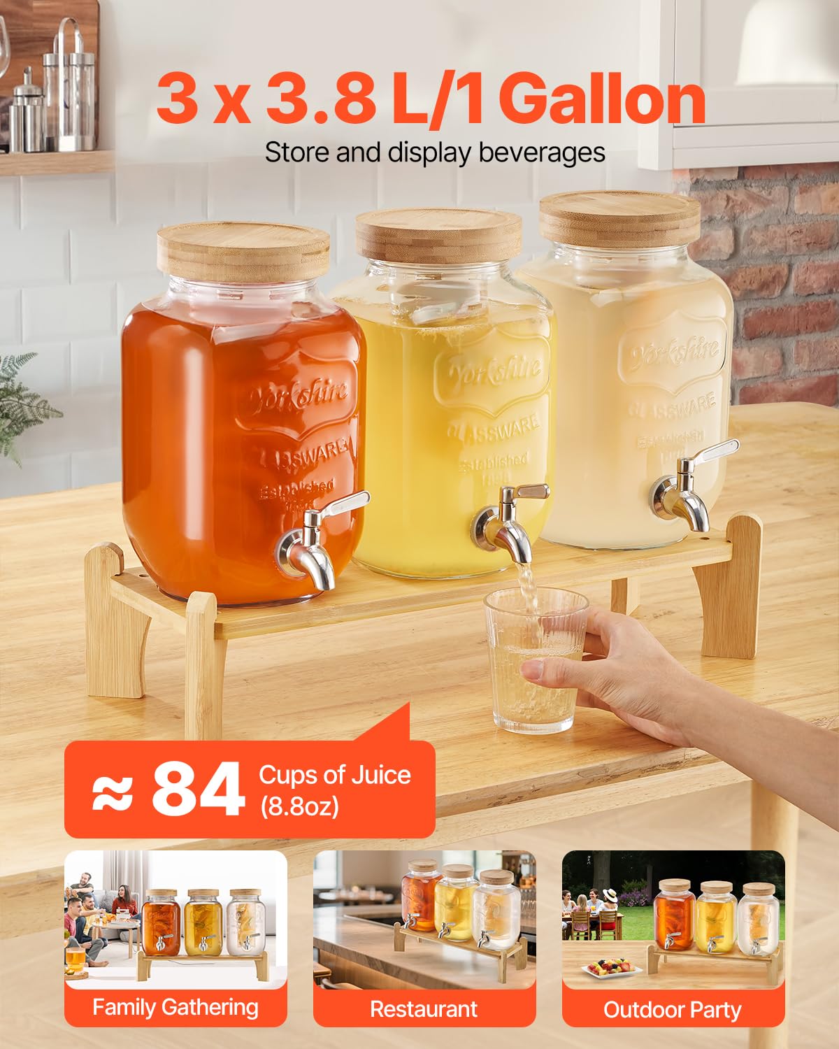 VEVOR Dispensador de Bebidas, 3 uds, 3,8 L, para Fiestas, Dispensador de Jugo de Vidrio con Soporte de Madera, Grifo de Acero Inoxidable, Infusor, para Té Helado, Limonada y Jugo, Transparente