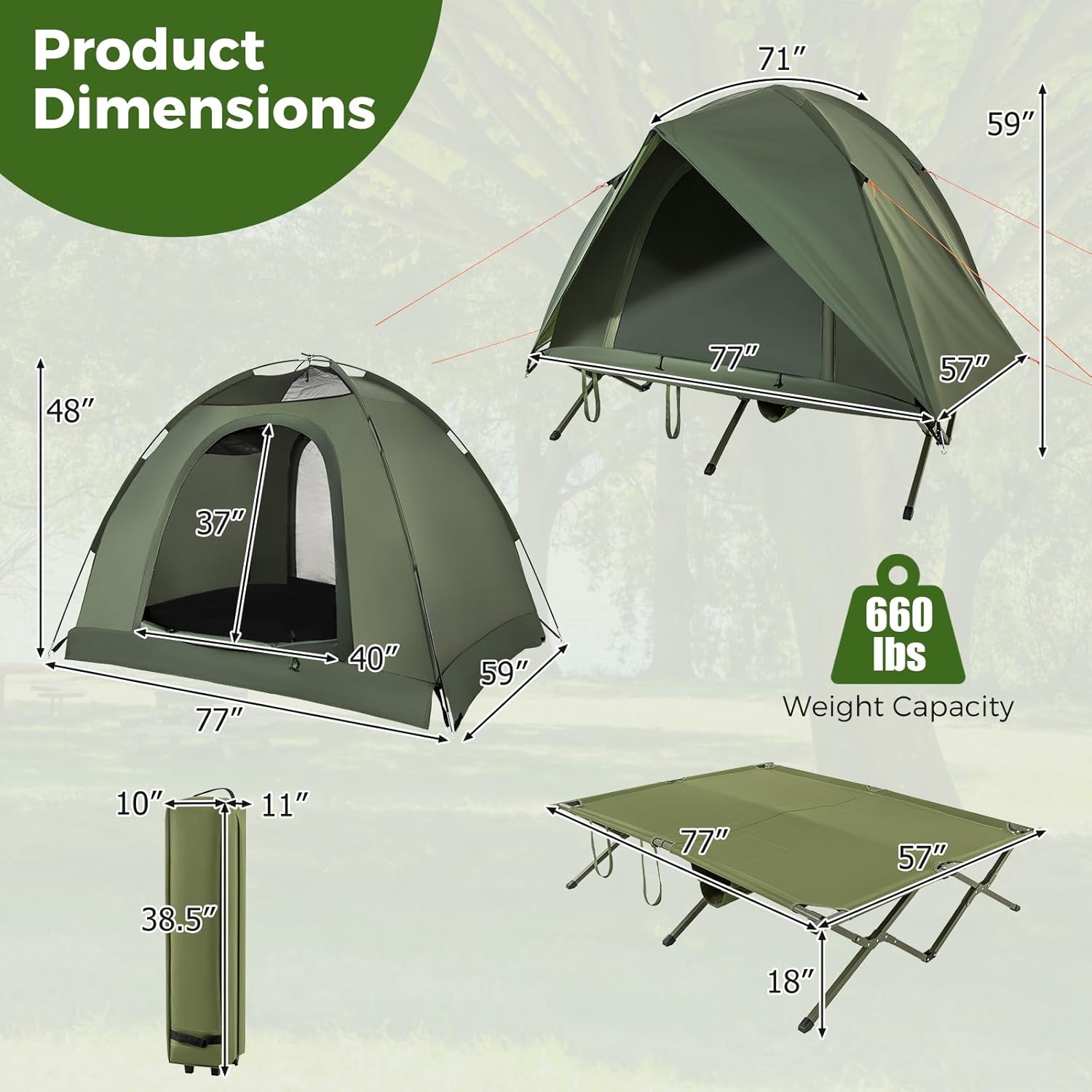 Tangkula 2 Person Tent Cot, Portable Off Ground Elevated Camping Tent with Cot, Removable Rainfly, Wheeled Bag, Stakes & Wind Ropes for Picnic, Hiking, Travel, Beach