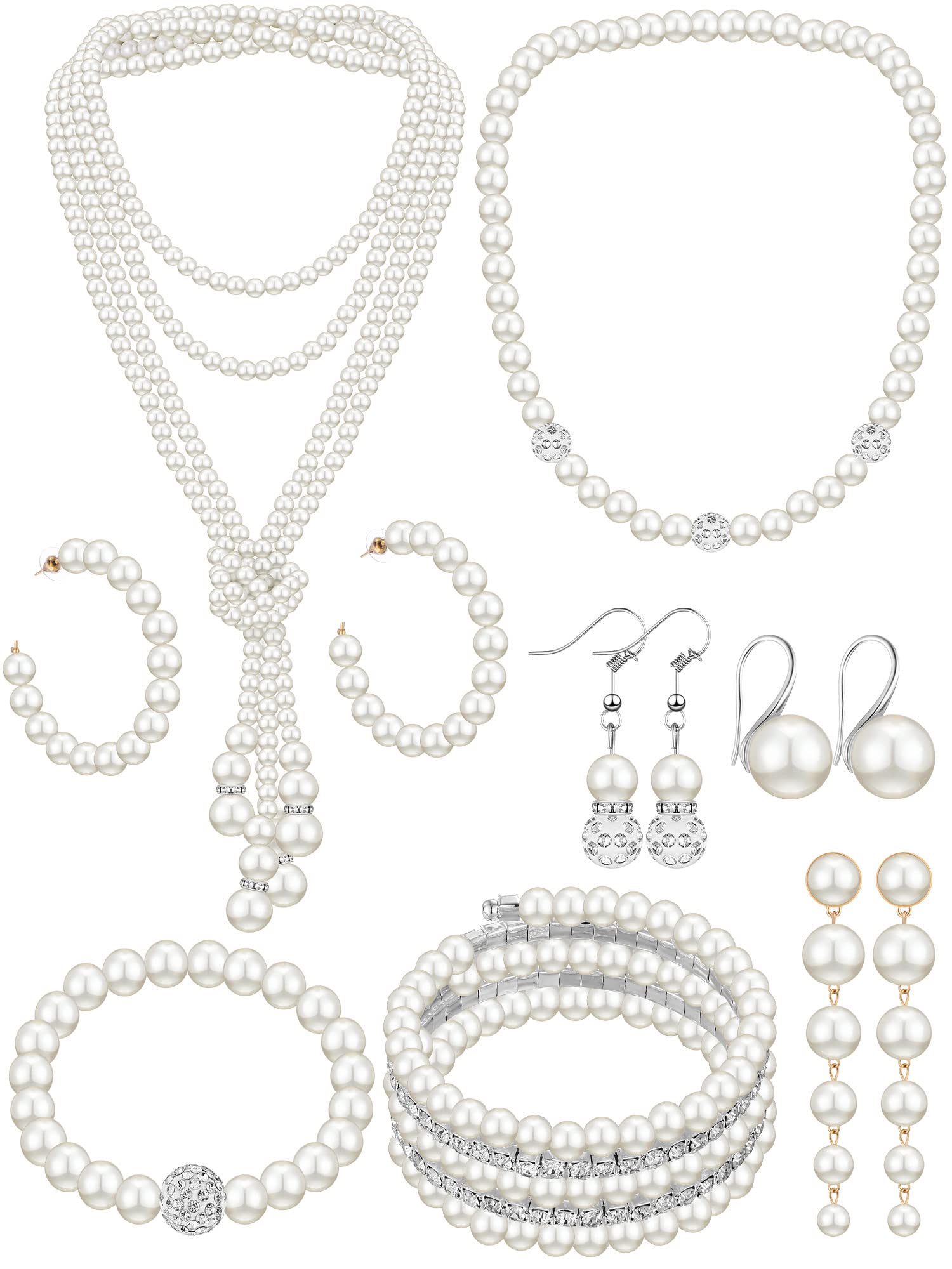 BBTO 8 Pcs Pearl Necklace and Earrings Set for Women Pearl Bracelets Costume Jewelry Set for Wedding Bridal Halloween Party