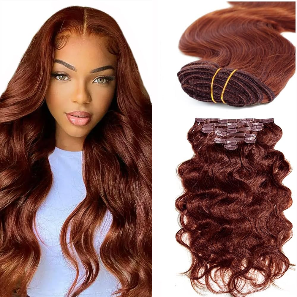 Photo 1 of #33 Auburn Brown Clip in Human Hair Extensions 22 Inch Reddish Brown Body Wave Clip in Seamless Extensions Human Hair Skin Weft Seamless Invisible Unprocessed Brazilian Virgin Remy Hair 120g