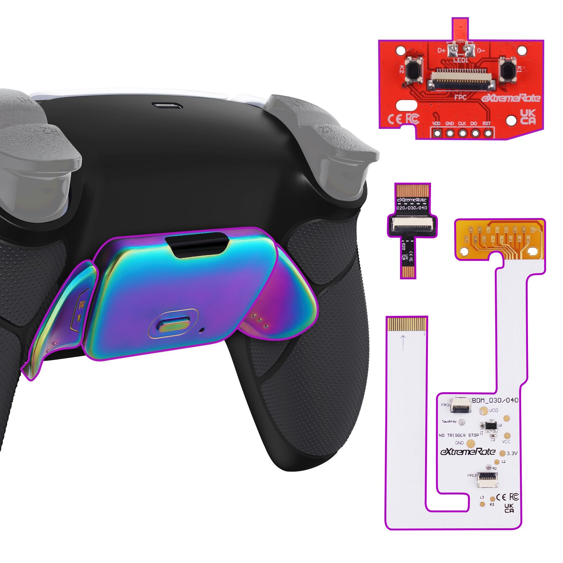 eXtremeRate Rise V3 Remap Kit per ps5 Controller BDM-030/040/050,2 Palette Metallo Programmabile per ps5 Joystick con Cover Grip Gommato,Senza Joypad,Nero Blu Viola