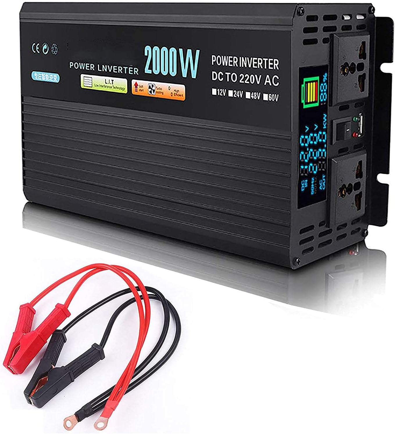 Car Power Inverter, 12V/24V/48V DC to 220V AC Power Converter,2 AC Outlets & 4 USB Port & LED Display, Modified Sine Wave Inverter for Laptop,Tablet,Solar System,Camping,12v-2000W