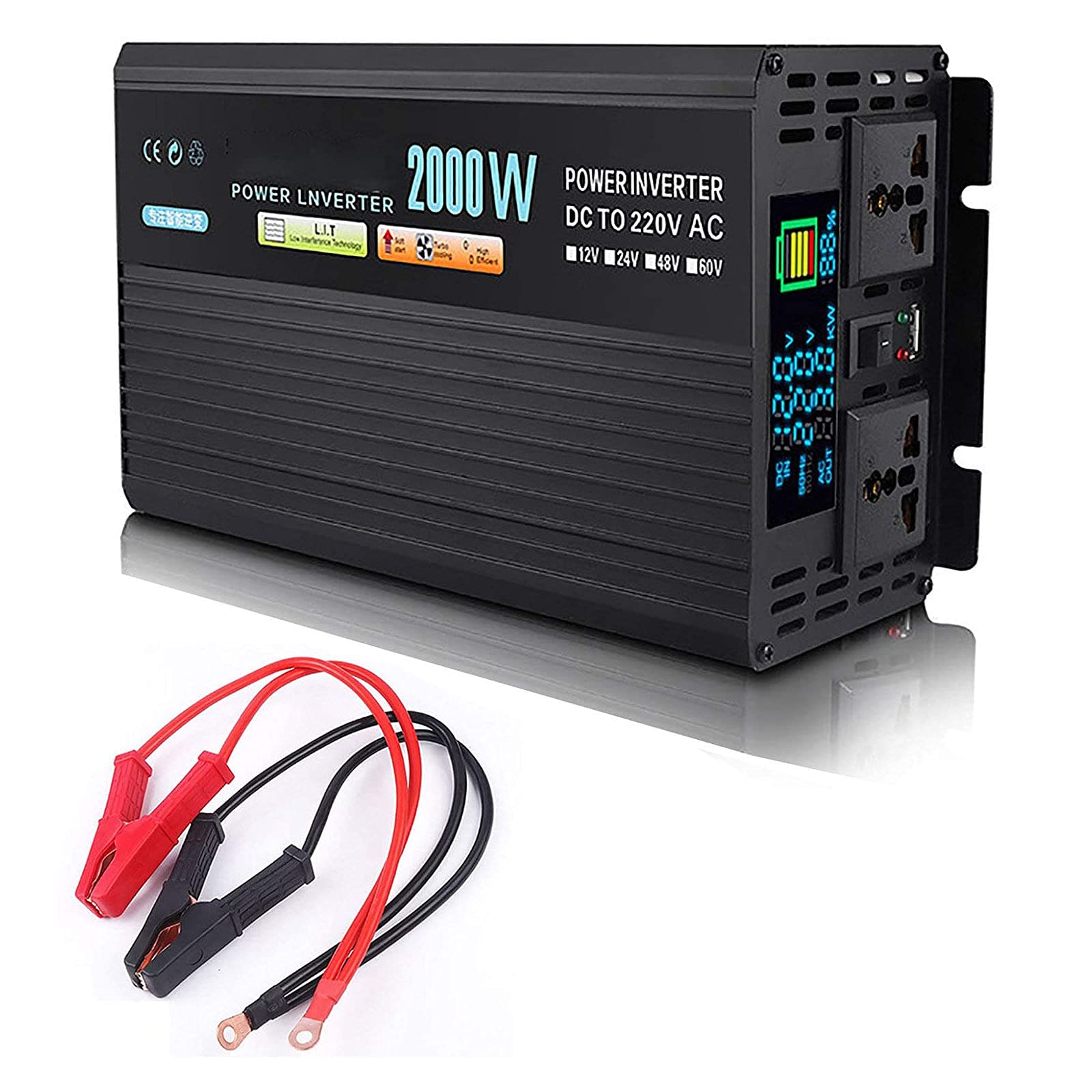 ZxqiangCar Power Inverter, 12V/24V/48V DC to 220V AC Power Converter,2 AC Outlets & 4 USB Port & LED Display, Modified Sine Wave Inverter for Laptop,Tablet,Solar System,Camping,12v-2000W