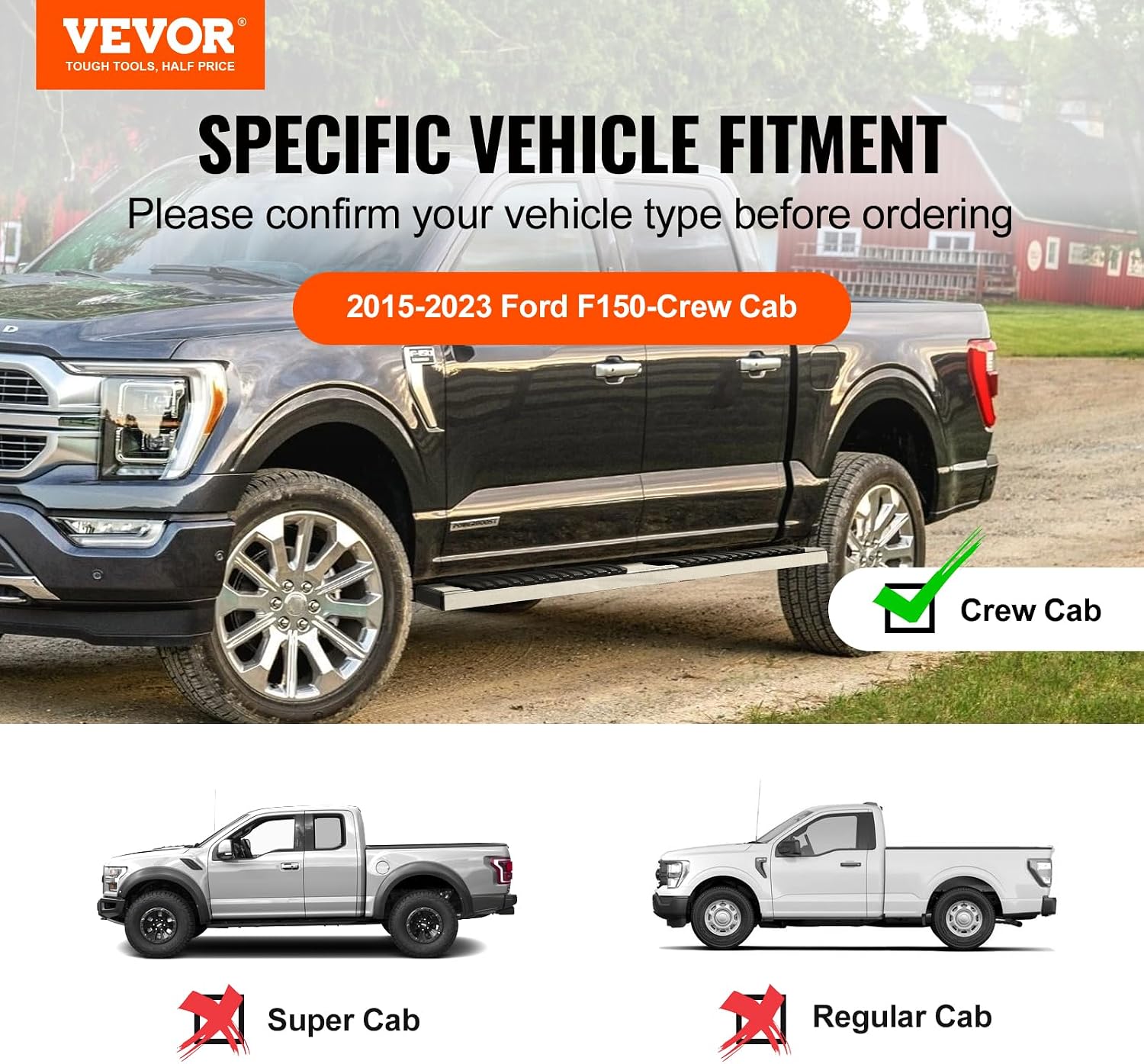 VEVOR Running Boards, 6" Step Bars Compatible with 2015-2023 Ford F150-Crew Cab/2017-2023 Ford F-250 F-350 Super Duty Crew Cab, 201 Stainless Steel Side Steps Nerf Bars, 500LBS Capacity, 2 Piece