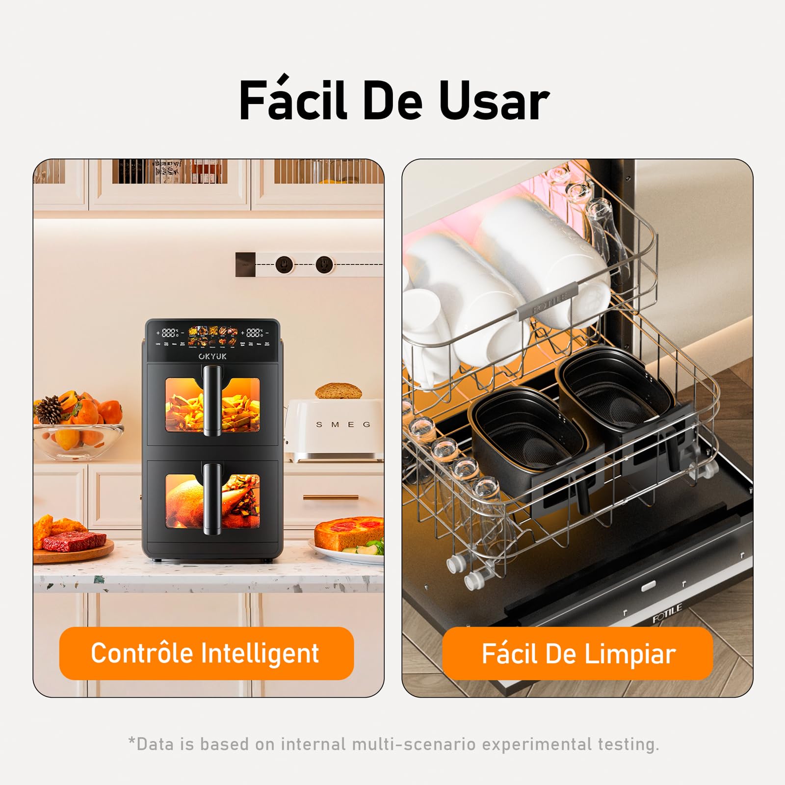 OKYUK Frytkownica na gorące powietrze, 2 komory 10 l, Airfryer 2 przegródki po 5 l, 10 programów frytkownicy, 2 potrawy gotowe jednocześnie, frytkownica na gorące powietrze, podwójna warstwa z