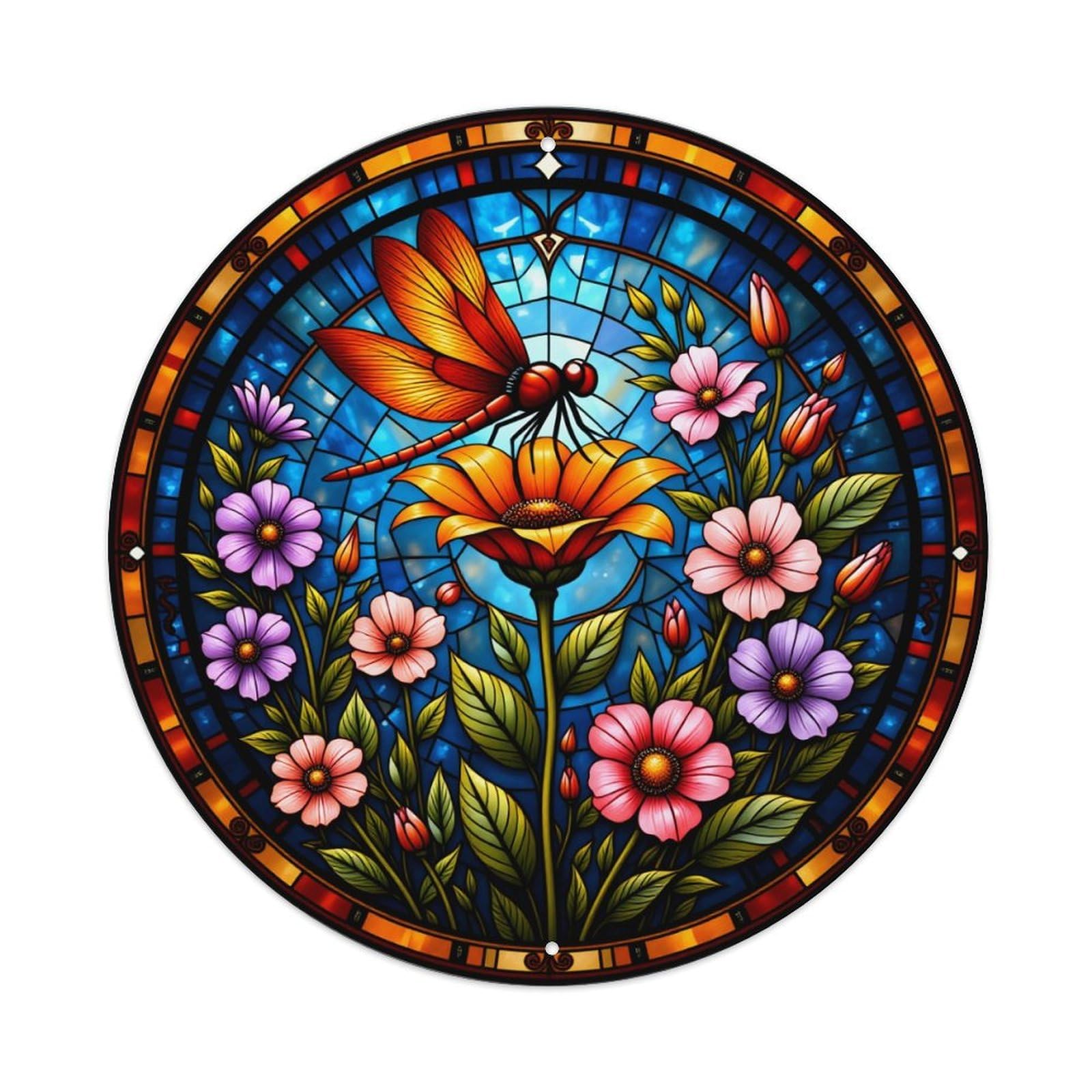 Stained Glass Dragonfly Flowers Pattern Vintage Metal Tin Sign Retro Wall Decor for Home Bar Garage Cafe, Indoor & Outdoor Decorative，circle Metal Poster, 8x8 Inch