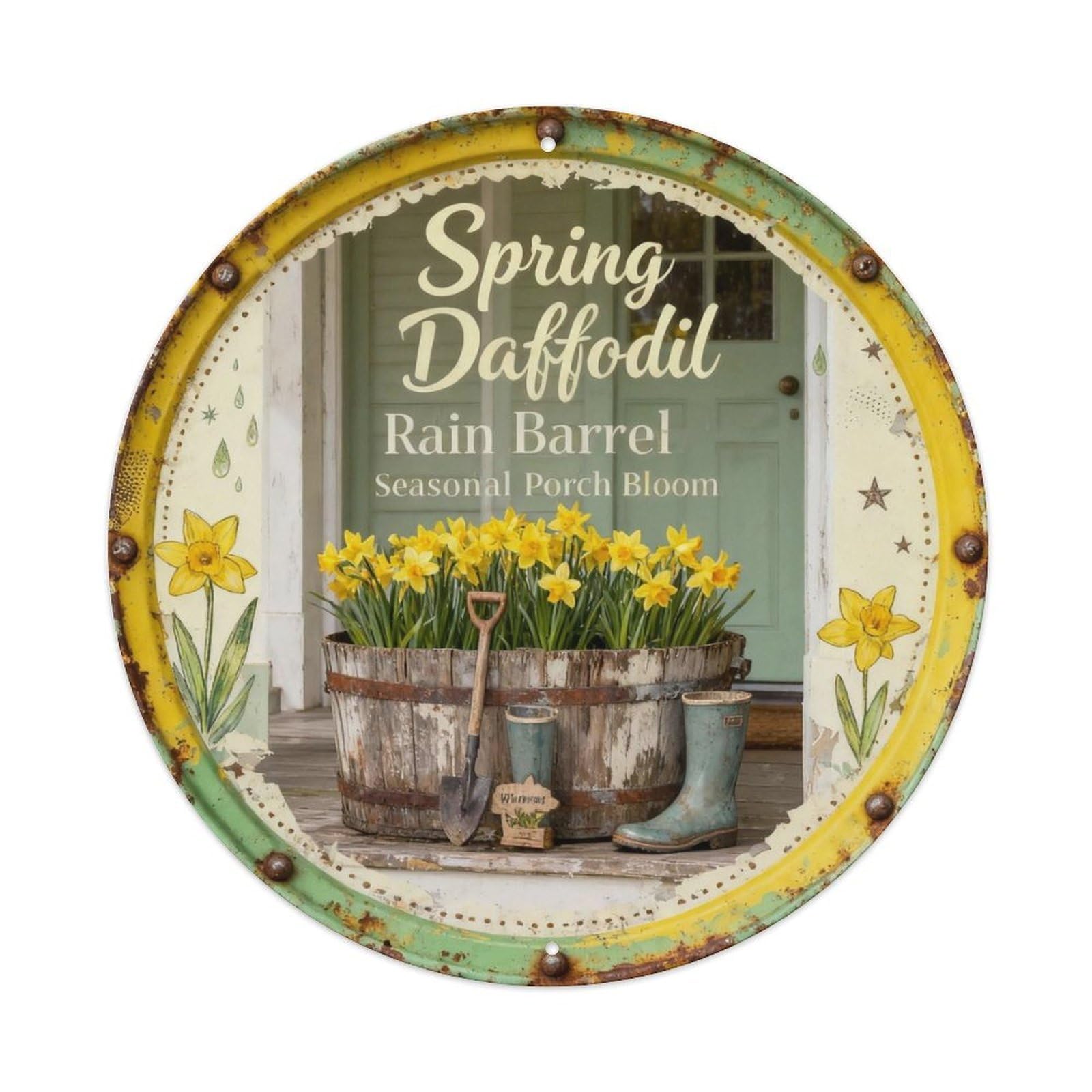 Spring Daffodil Rain Barrel Metal Tin Sign Plaque
