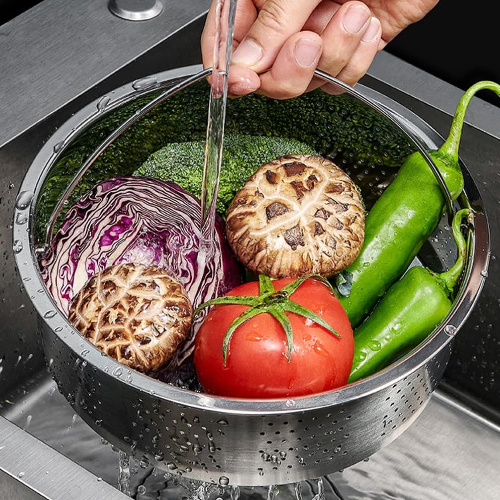 Hemoton Stainless Steel Steamer Basket Metal Steamer Insert Steaming Rack Vegetables Fruit Colander Strainer Food Egg Cooker Pot Dumpling Dim Sum Cookware with Handle 22cm
