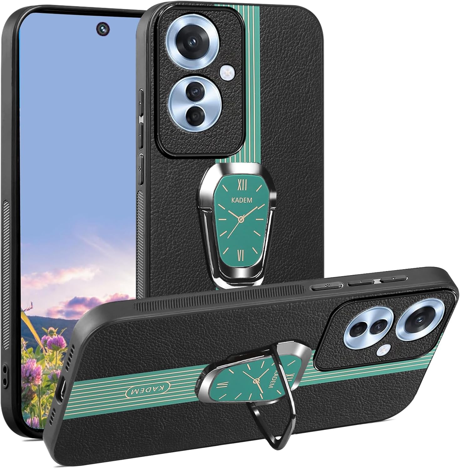 Phone Case for Oppo Reno 11F 5G Black Leather Silicone Cover with Metal Ring Stand, Slim Soft Magnetic Shockproof Protective Cover for Women Men, Classy Luxury (Green)