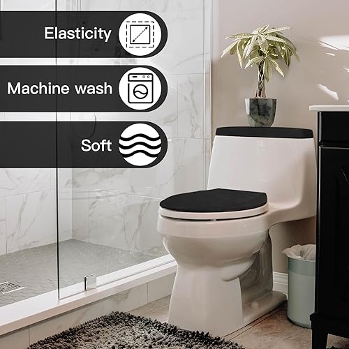 Miniatura 2 de Tapa de inodoro y tapa de tanque de inodoro de repuesto con parte inferior elástica para accesorios de decoración de baño (negro)