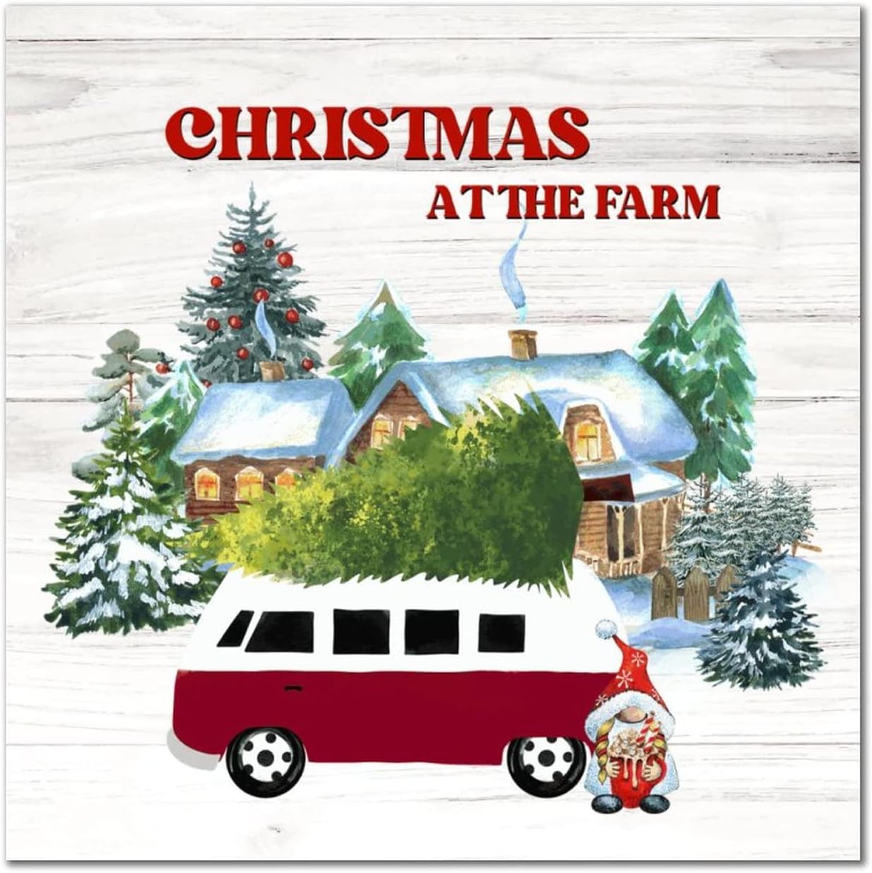 Christmas at The Farm Wood Sign Vintage Winter Red Truck Gnome Home Wood Panels Merry And Bright Wall Decor Hanging Plaque Sign For Bedroom Living Room Home Kitchen Housewarming Gift 16x16in