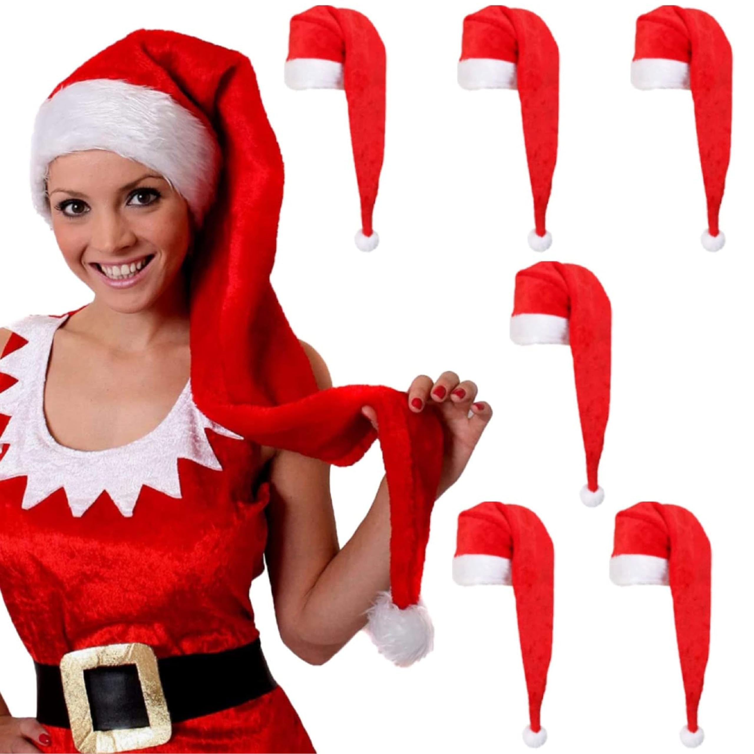 ILOVEFANCYDRESS Cappello di Babbo Natale extra lungo, cappello di Babbo Natale extra lungo, con bordo spesso in finta pelliccia bianca e pompon bianco