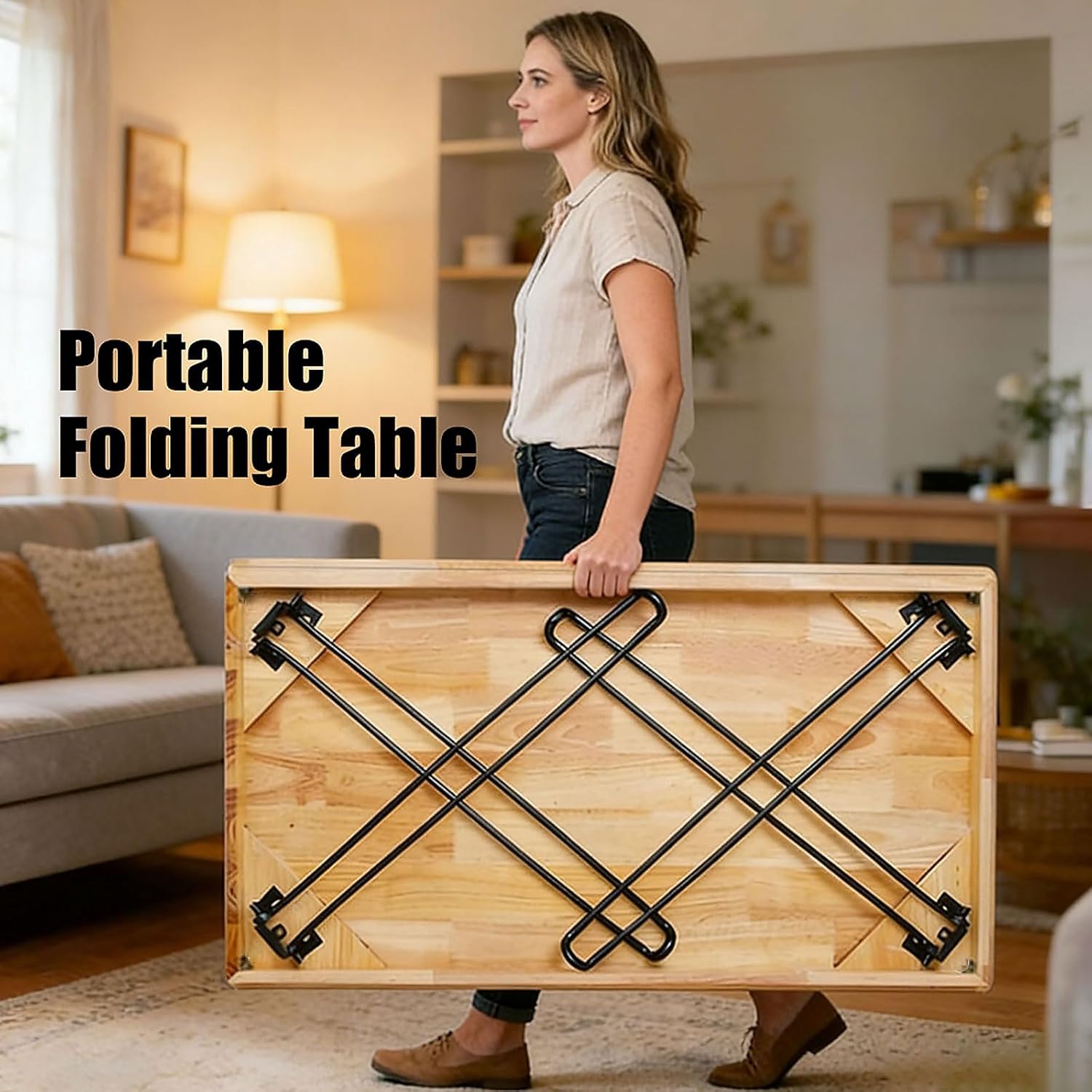 Wooden Folding Desk Portable Folding Wood Table 43in Fold-Down Workbench No Assembly Required for Home Office Writing Reading Puzzle Small Computer Table