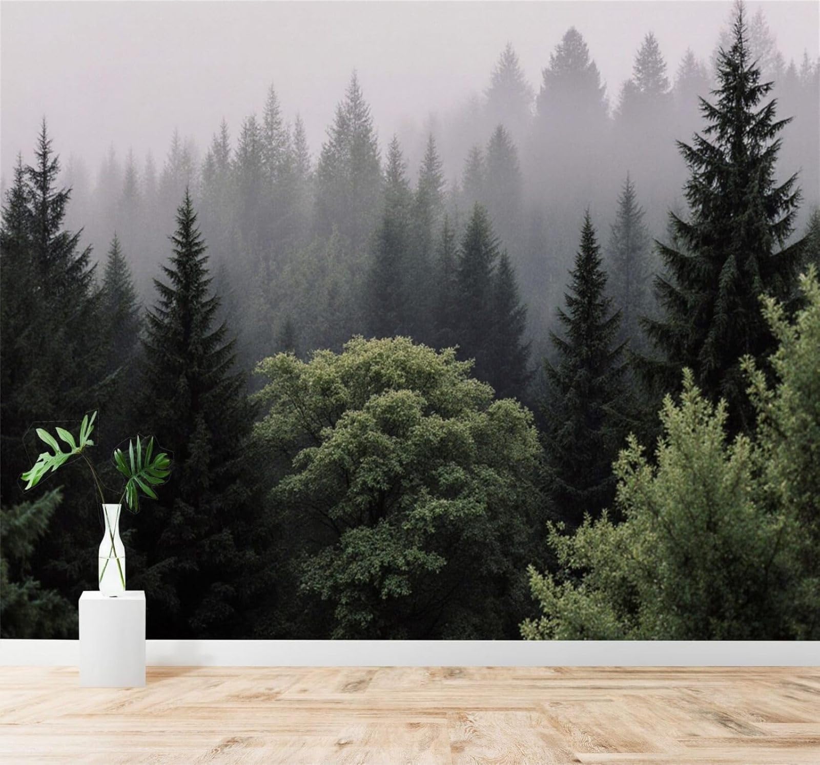 XLMING Fresh Three Dimensional Green Pine Forest Mist 3D Wallpaper Silky Texture Home Study Office Grey Dining Room Sofa Bedroom Living Room TV Backdrop-350cm×256cm