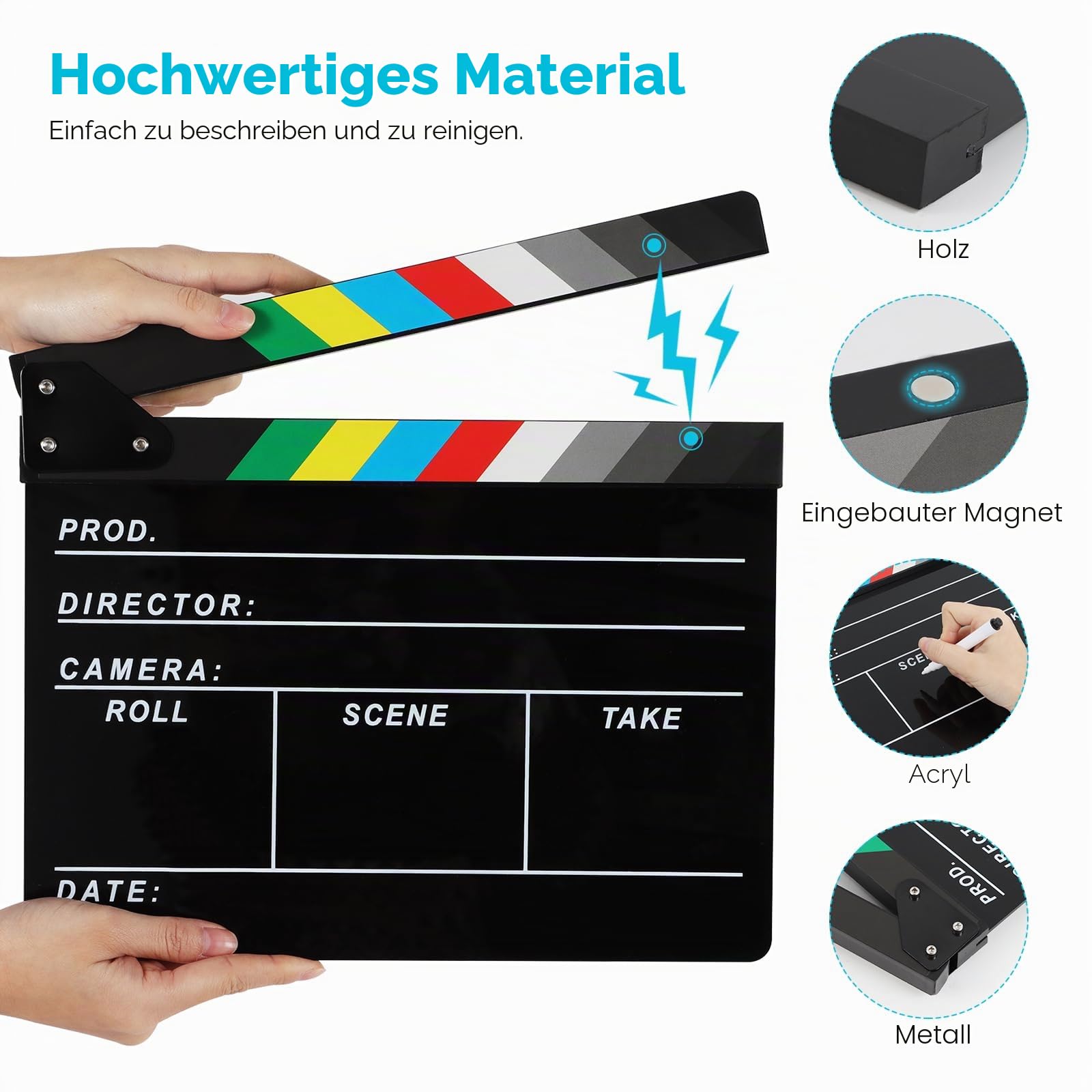 Acryl-Film-Regisseur, Schindel, Fotografie, Video, TV, Geschnittene Action-Szene, Schiefer, Klöppel, Requisiten, Schwarz