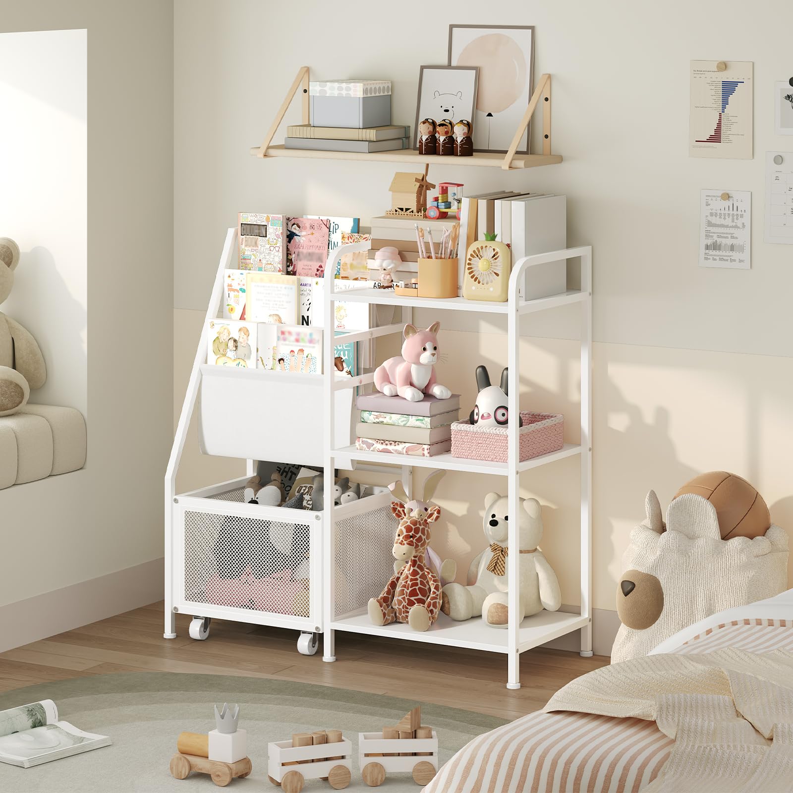 MAHANCRIS Kids Bookshelf and Toy Storage Organizer, 3-Tier Toddler Book Shelf with Movable Drawer, Toddler Bookcase for Kids Room, Nursery, Living Room, Playroom, White KBWT7901