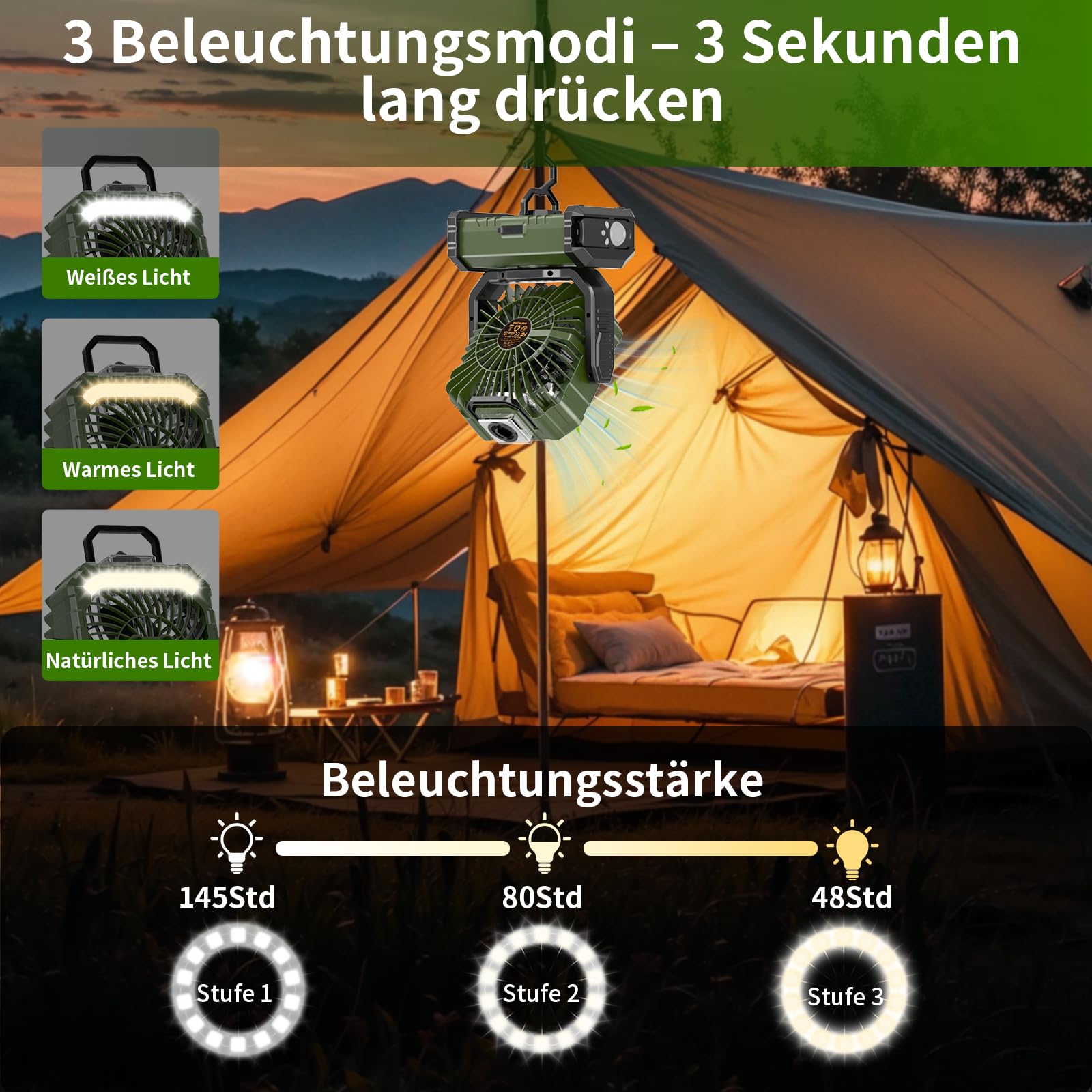 Ventilator Camping mit Sprühnebel, Akku Ventilator 20000mAh mit LED Licht, Haken, 270° Drehung, Tragbarer V-entilator für Outdoor-Enthusiasten beim Camping und Grillen - Grün
