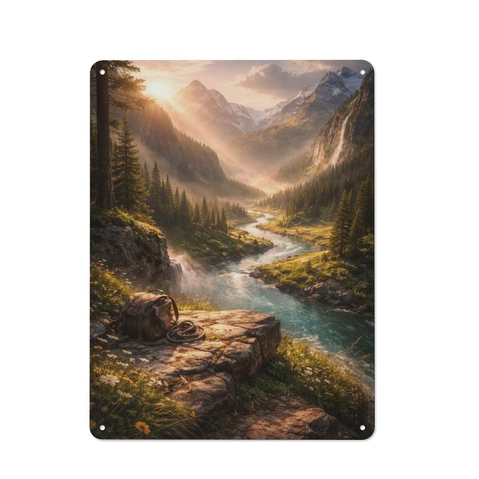 Junmoney Style-17 Old Style Serene Mountain Valley With River And Backpack Metal Sign 40X30cm, Bar Wall Plaque For Diner, Restaurant, Shed Or Kitchen