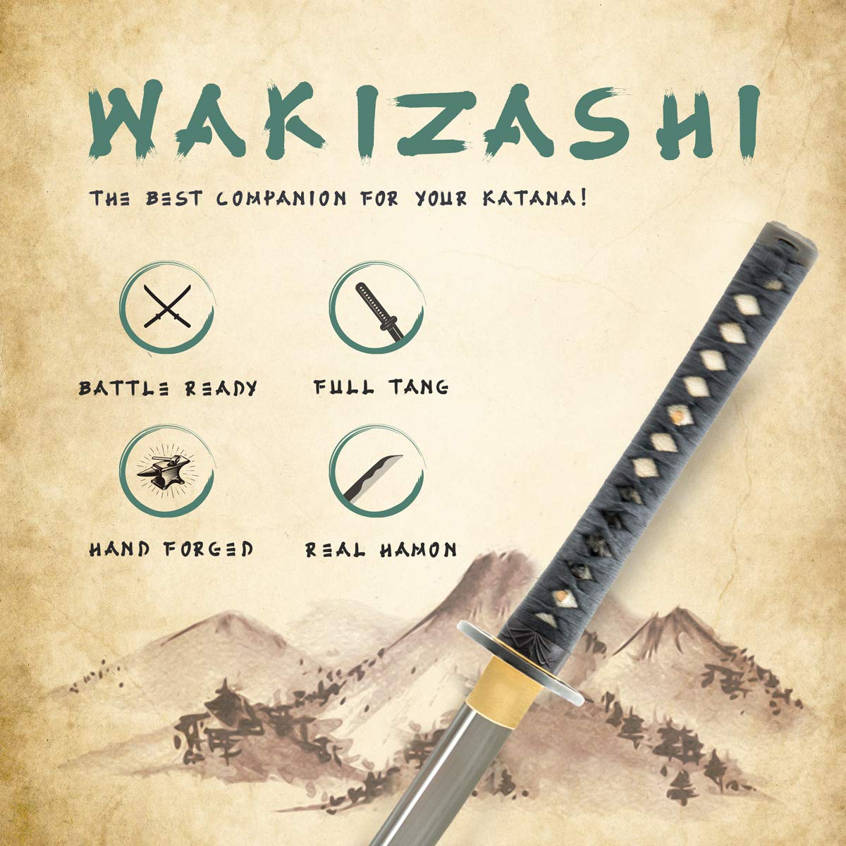 Handmade Sword - Samurai Wakizashi Sword, Functional, Hand Forged, 1045 Carbon Steel, Heat Tempered, Full Tang, Sharp, Bamboo Tsuba, Black Wooden Scabbard