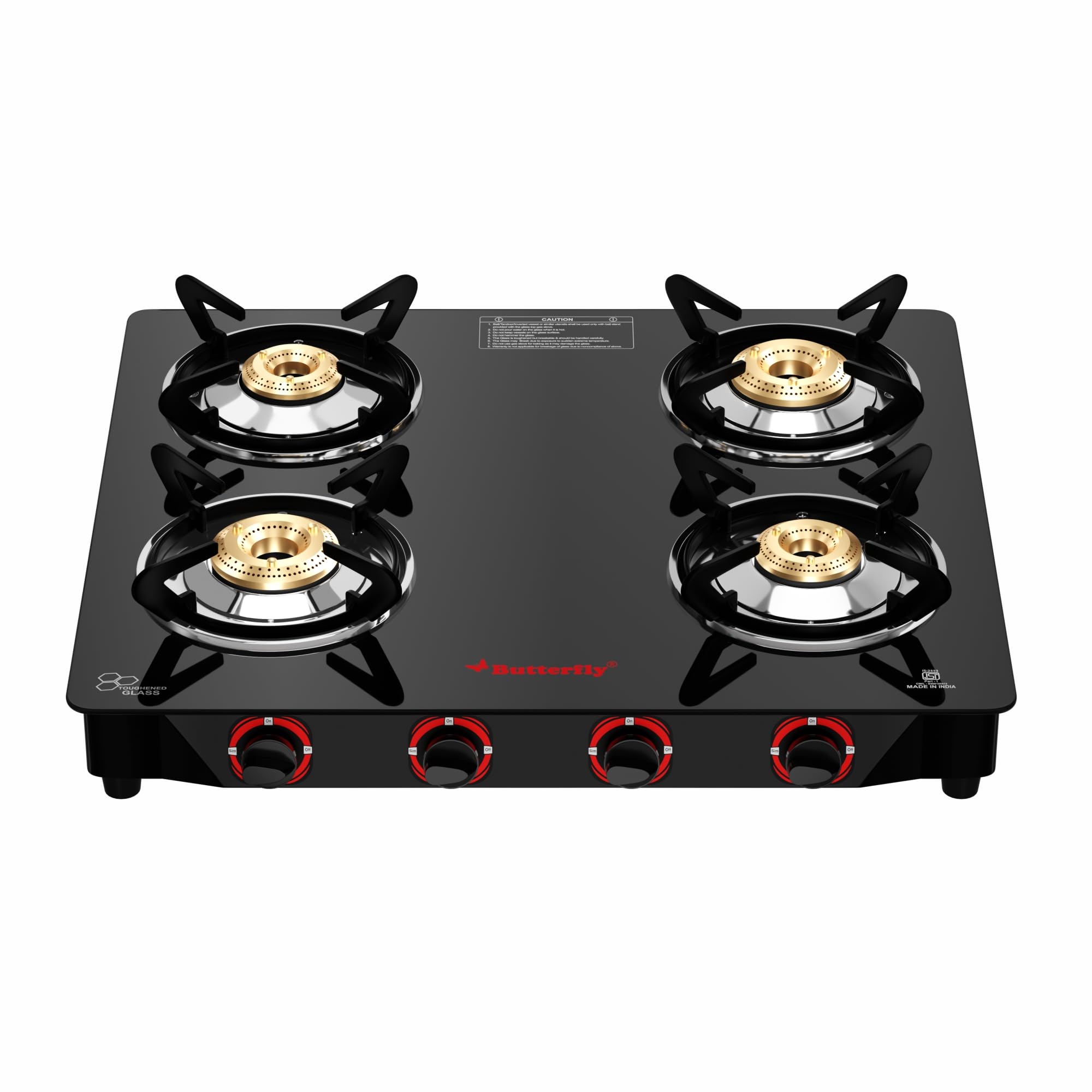 Butterfly Smart 4 Burner Glass Top Gas Stove | Manual Ignition | Scratch Resistant Toughened Glass | Brass Burners | Skid-proof Legs | 1 Year Manufacturer's Warranty | Black