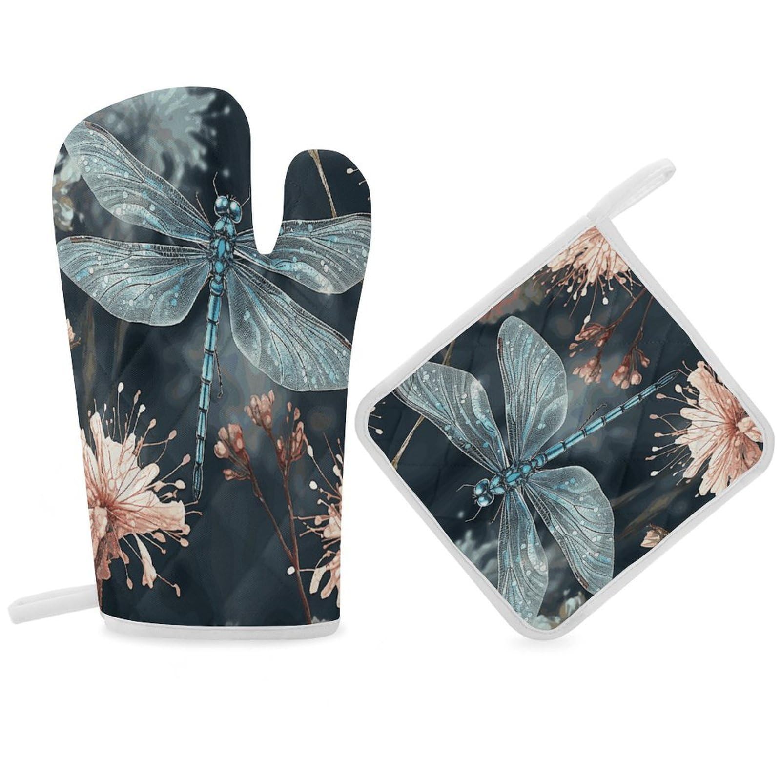 Fodpand Women's Style Dragonfly Flower Oven Mitts And Pot Holders Sets,Oven Gloves For Kitchen Oven Mitts And Potholders For Baking Cooking Grilling Apartment Essentials