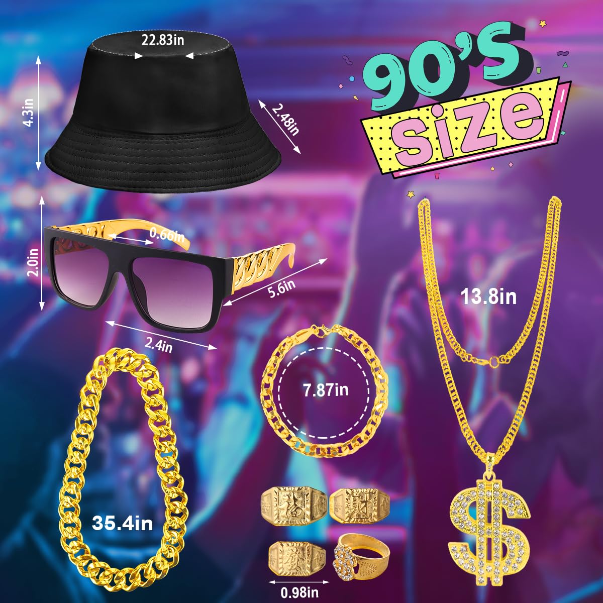 Costume da uomo anni '80 e '90, stile hip hop, maglia da baseball, camicia, pantaloncini, accessori rapper anni '90